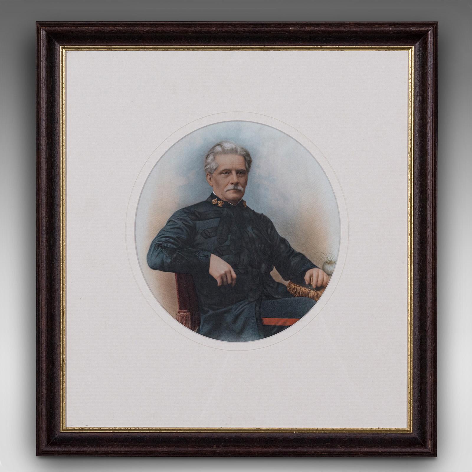This is an antique portrait. An English, framed ceramic painting, dating to the late Victorian period, circa 1890 and later.

Deputy Surgeon General John Robert Theobalds (dates unknown - granted retirement by Queen Victoria in April 1880) was
