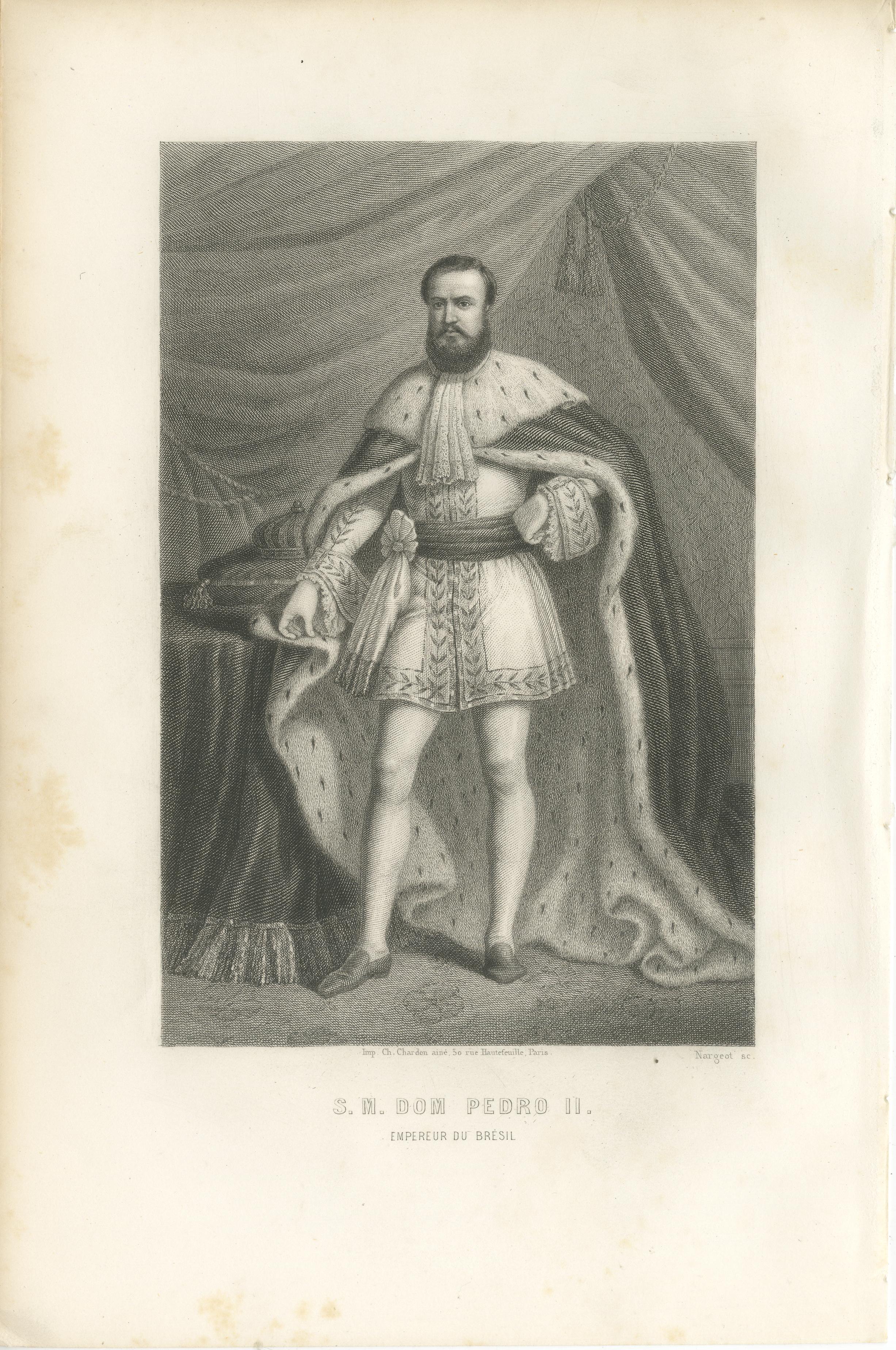 Antiker Porträtstich von Kaiser Dom Pedro II. von Brasilien, 1867

Eindrucksvoller Porträtstich von S.M. aus dem 19. Jahrhundert. Dom Pedro II, Empereur du Brésil, veröffentlicht 1867. Der Kaiser ist in ganzer Länge in königlicher Kleidung