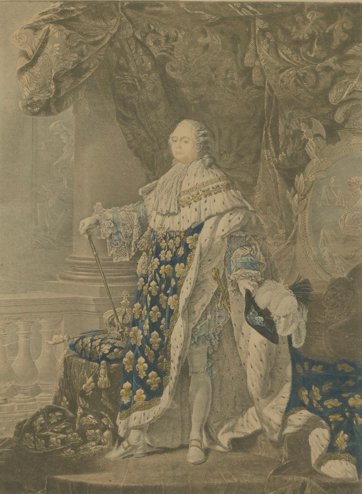 Français Gravure ancienne du portrait de Louis XVI en habits de sacre, c.1790-1820 en vente