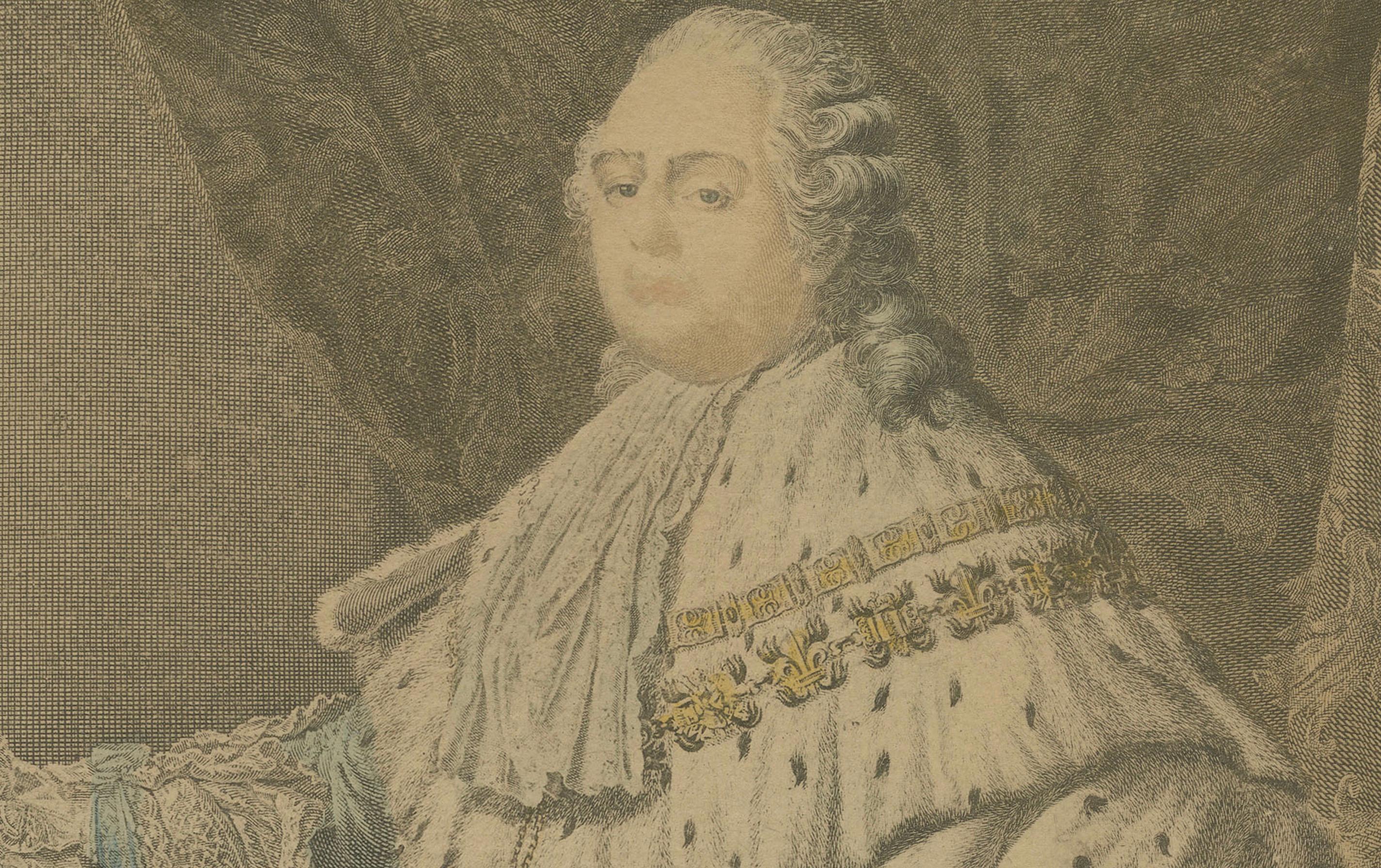 Gravure ancienne du portrait de Louis XVI en habits de sacre, c.1790-1820 État moyen - En vente à Langweer, NL