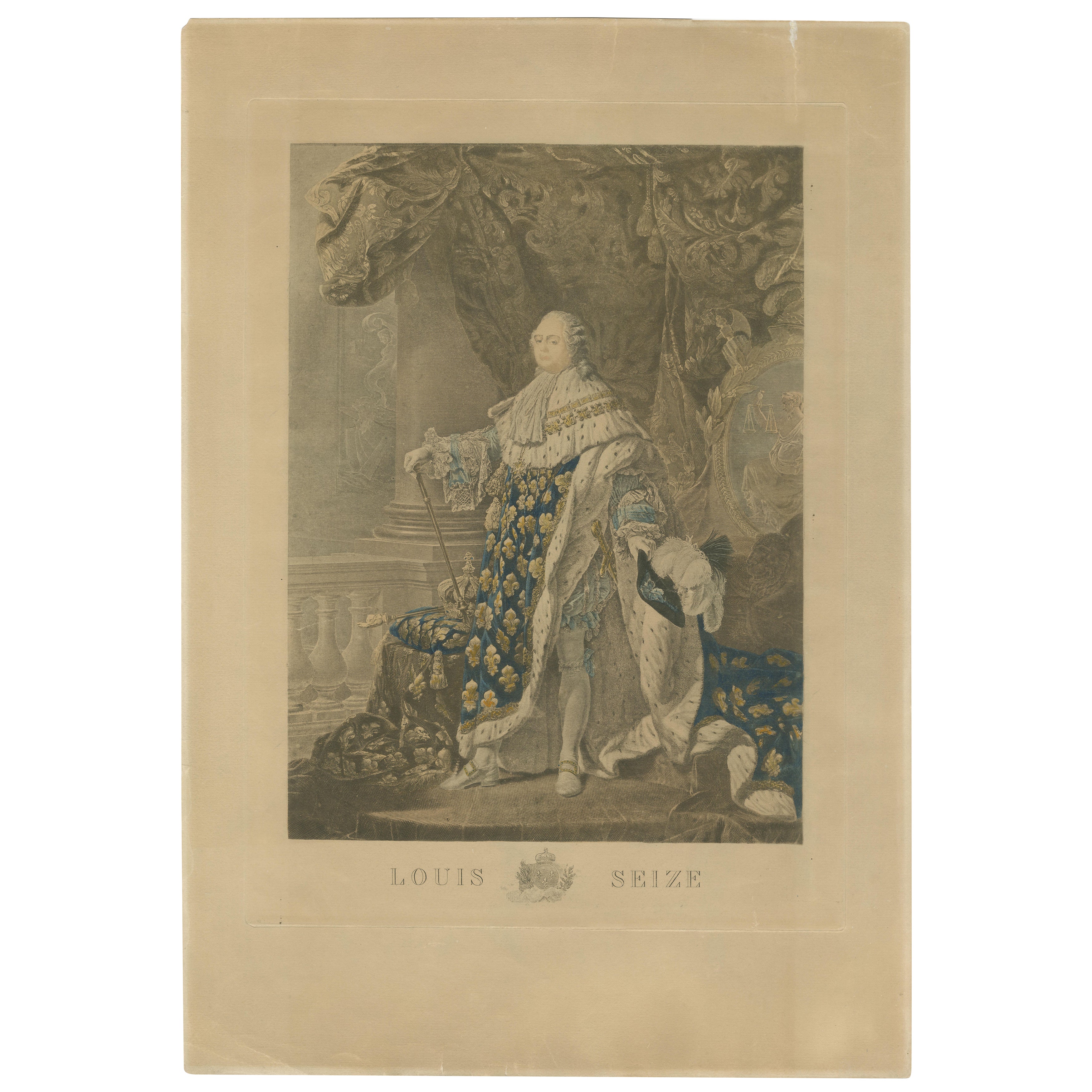 Gravure ancienne du portrait de Louis XVI en habits de sacre, c.1790-1820 en vente