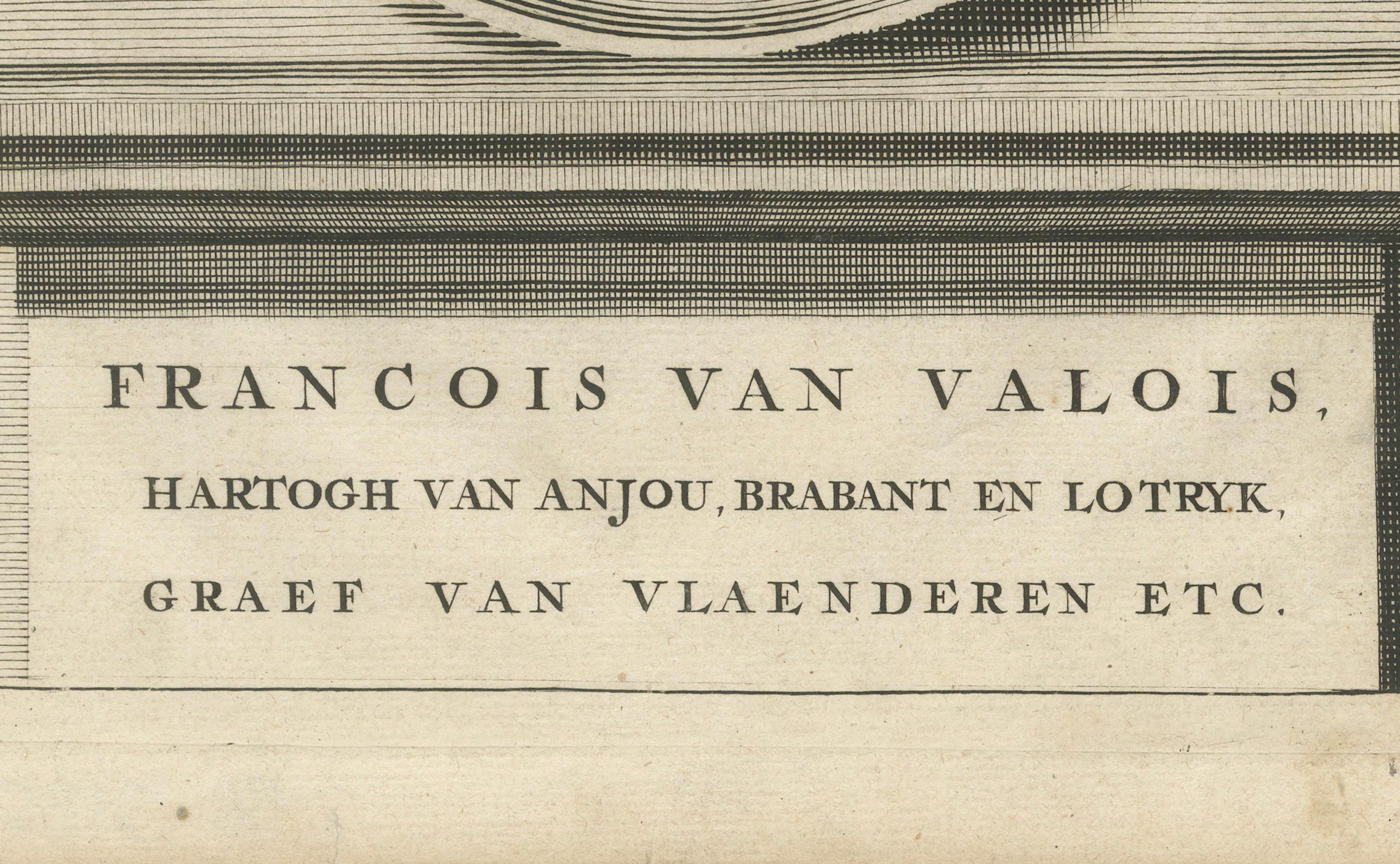 Portrait ancien de François de Valois - Duc d'Anjou et de Brabant, 17e siècle

Cet élégant portrait gravé du XVIIe siècle représente François de Valois (1555-1584), duc d'Anjou, de Brabant et de Lothier, et comte de Flandre. Également connu sous le