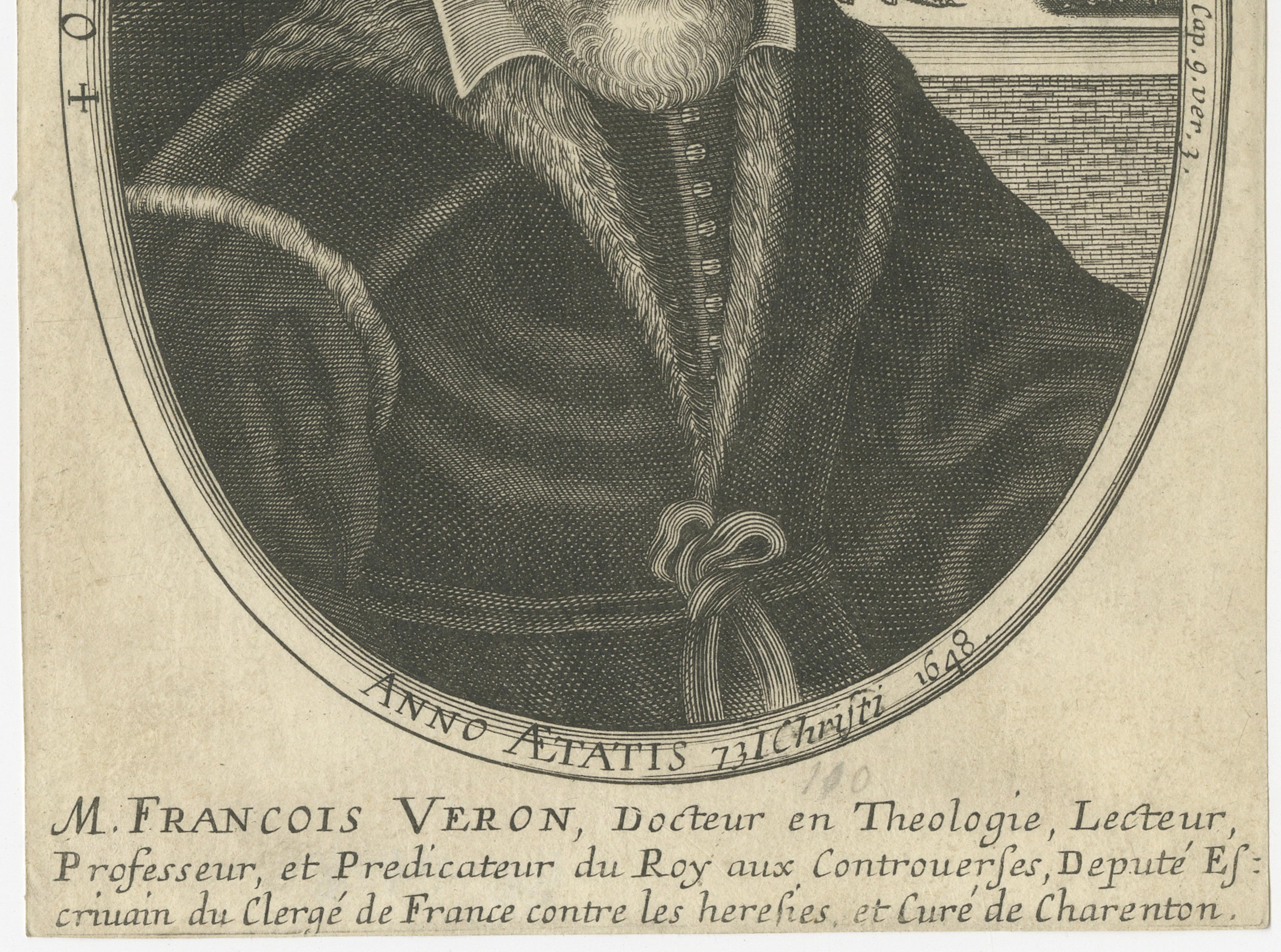 Antique Portrait François Véron 1648, Jesuit Theologian Engraving