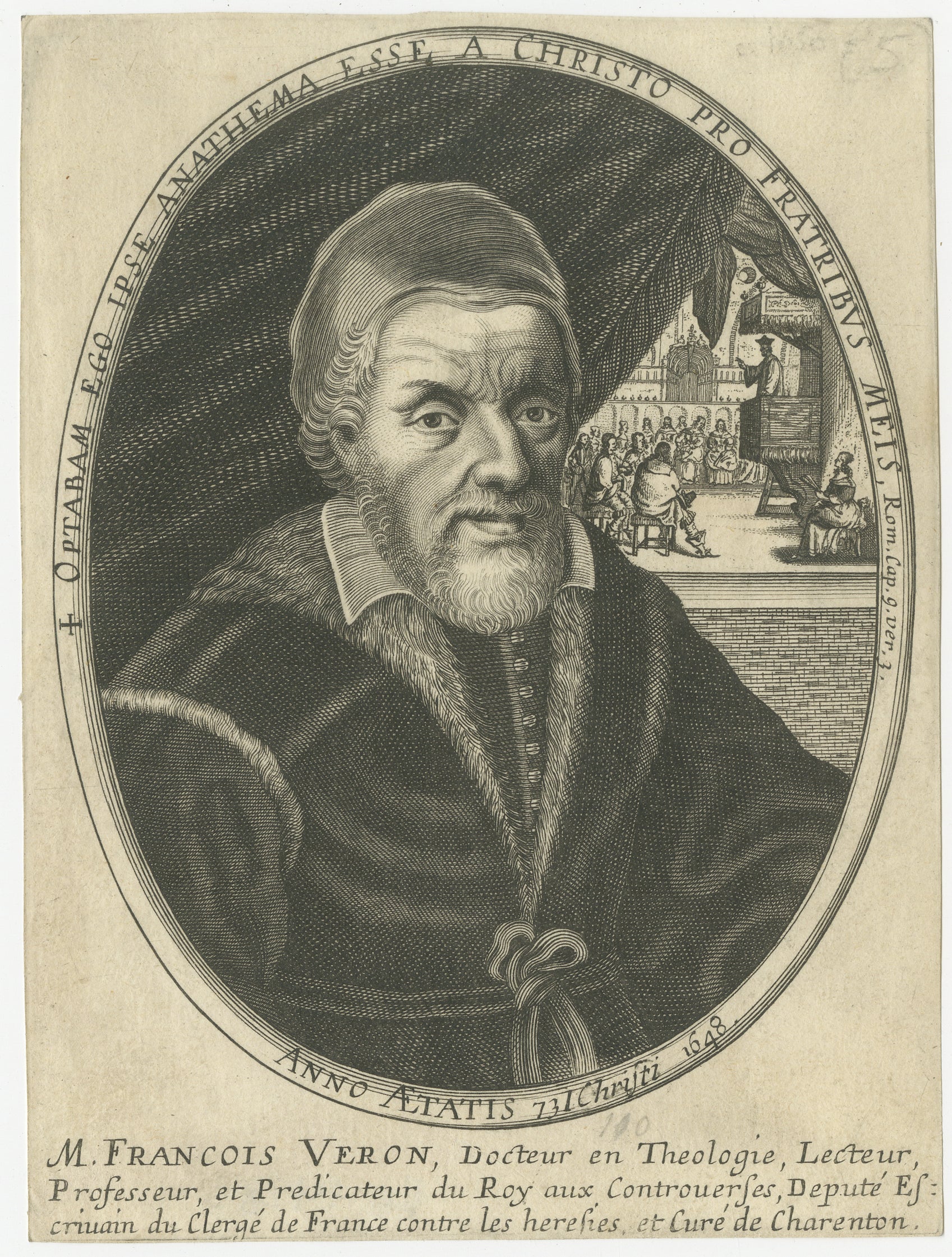 Antique Portrait François Véron 1648, Jesuit Theologian Engraving For Sale