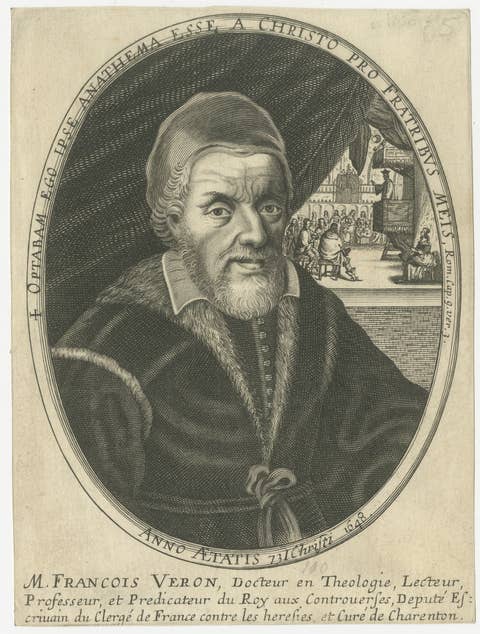 Antique Portrait François Véron 1648, Jesuit Theologian Engraving