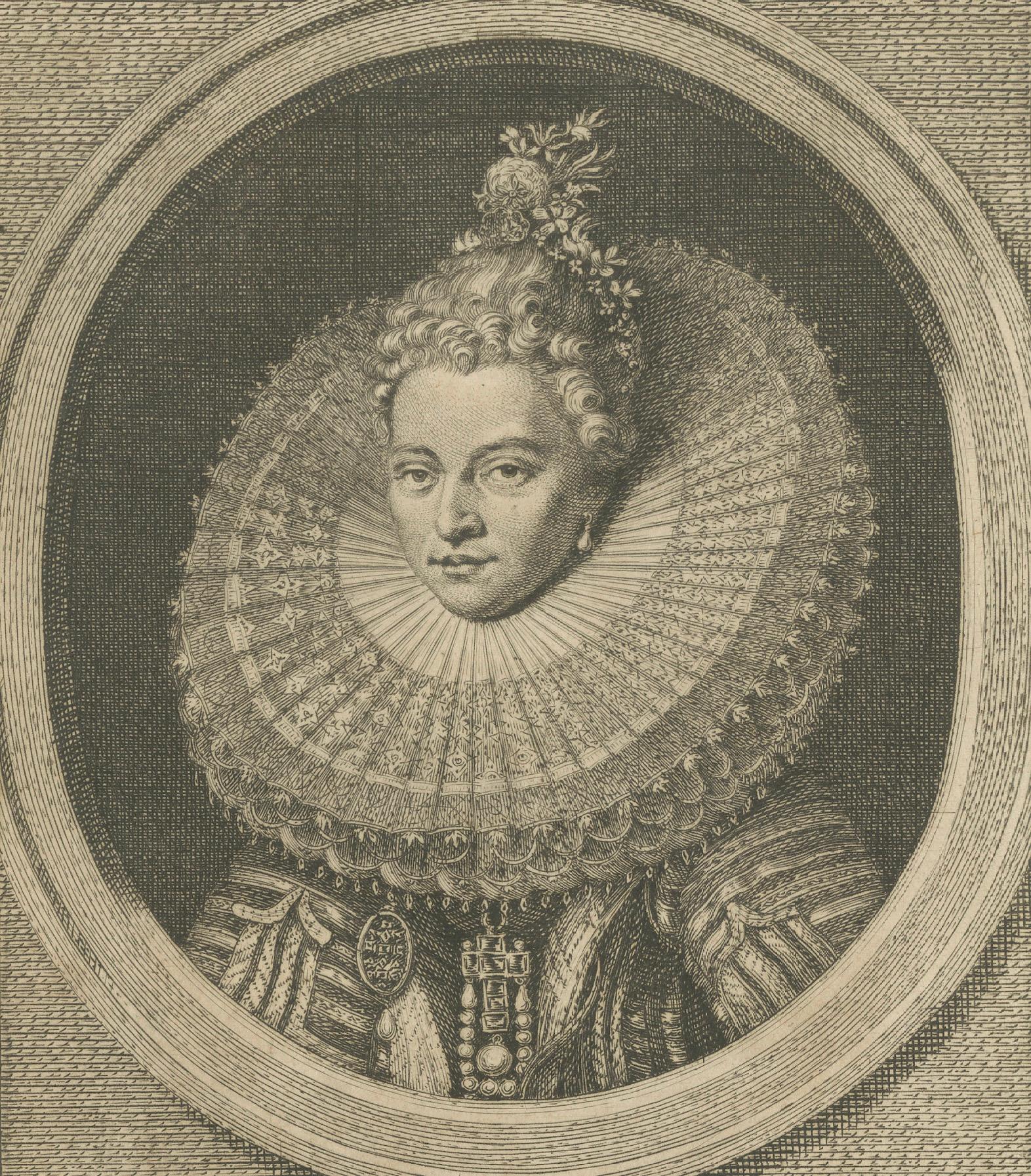 XVIIIe siècle Portrait ancien Isabella Clara Eugenia - Gravure de Houbraken, 18e siècle en vente