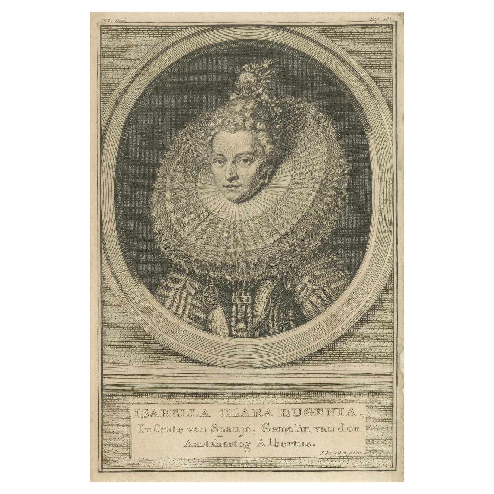 Portrait ancien Isabella Clara Eugenia - Gravure de Houbraken, 18e siècle en vente