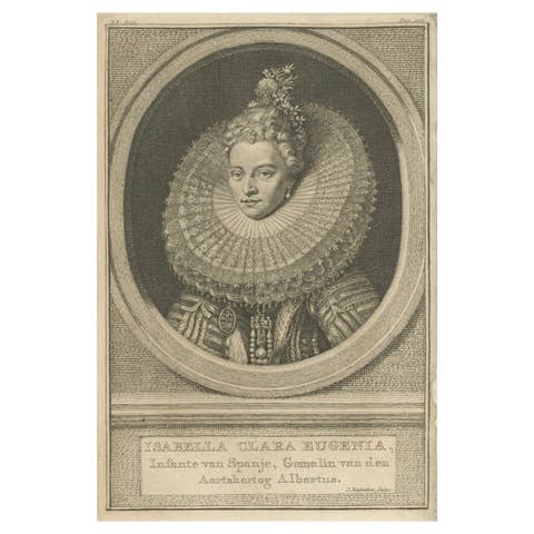 Antique Portrait Isabella Clara Eugenia – Etching by Houbraken, 18th Century