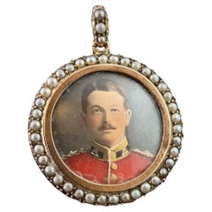 Antique portrait locket pendant, 9k Rose gold, Pearl, Gentleman