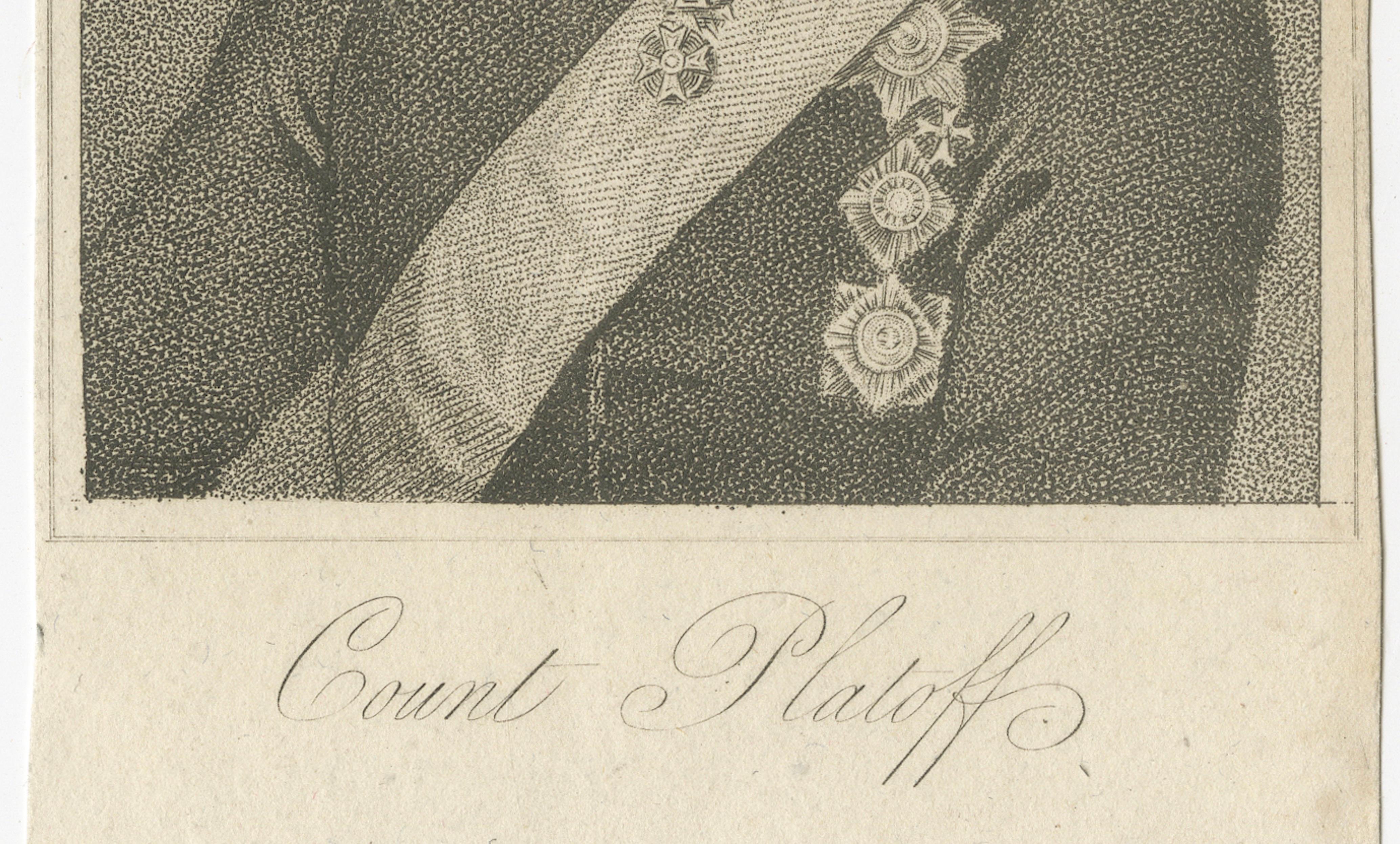Antique Portrait Matvei Platov - Russian General, Engraving c.1815