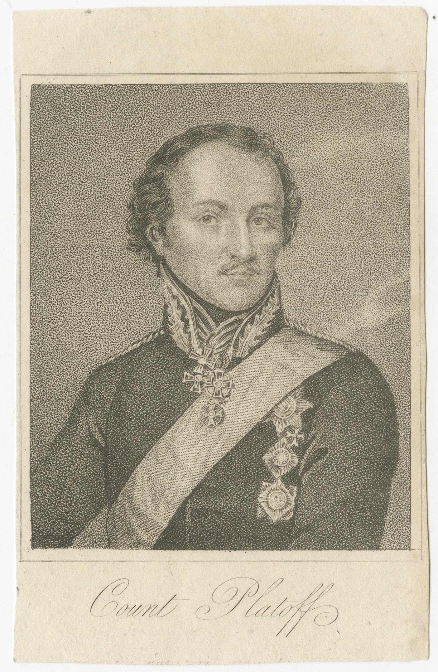 Antique Portrait Matvei Platov - Russian General, Engraving c.1815