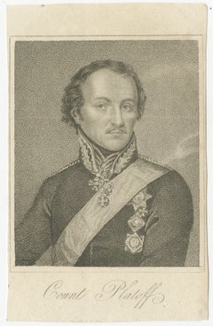 Antique Portrait Matvei Platov - Russian General, Engraving c.1815