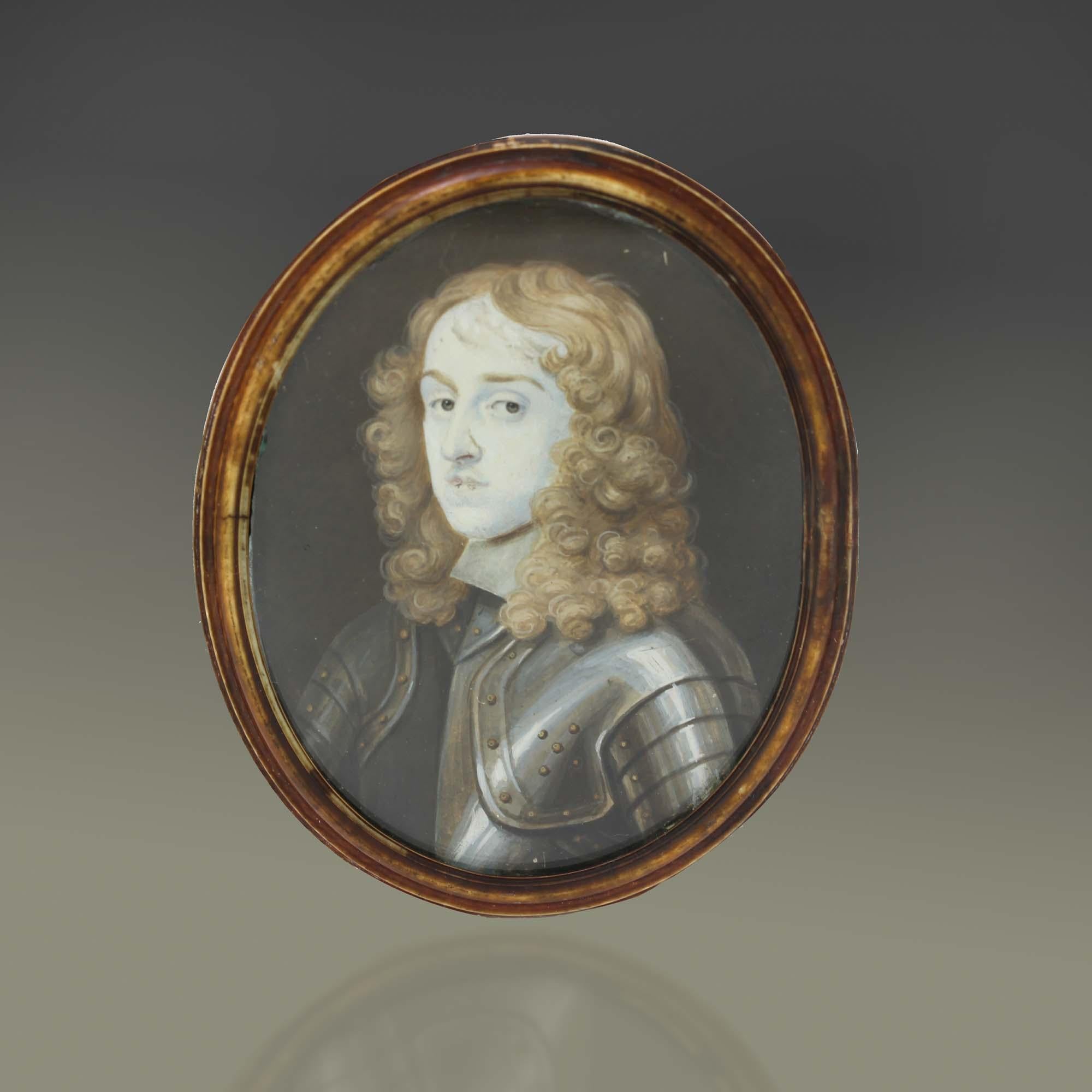 Antique portrait miniature of Thomas Osborne, 1st Duke of Leeds

Dimension:
W: 6 cm 
H: 8 cm 

In miniature is depicted Thomas Osborne, wearing a suit of armour. 
Watercolour on vellum Ca.1695. Original turned frame with Lord Danby and date,