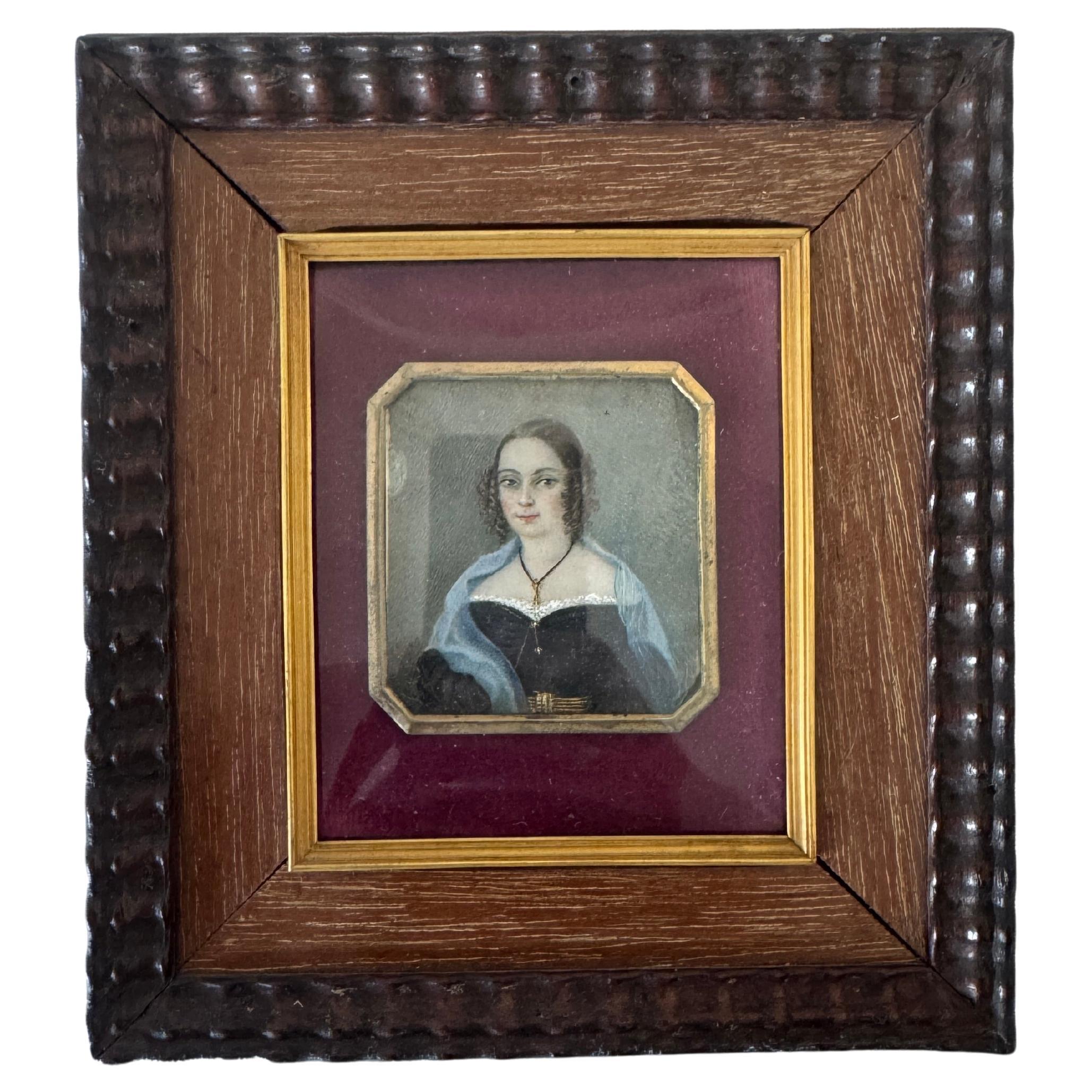 Antique Portrait Miniature on Ivory, Young Woman, Circa 1840, Framed
