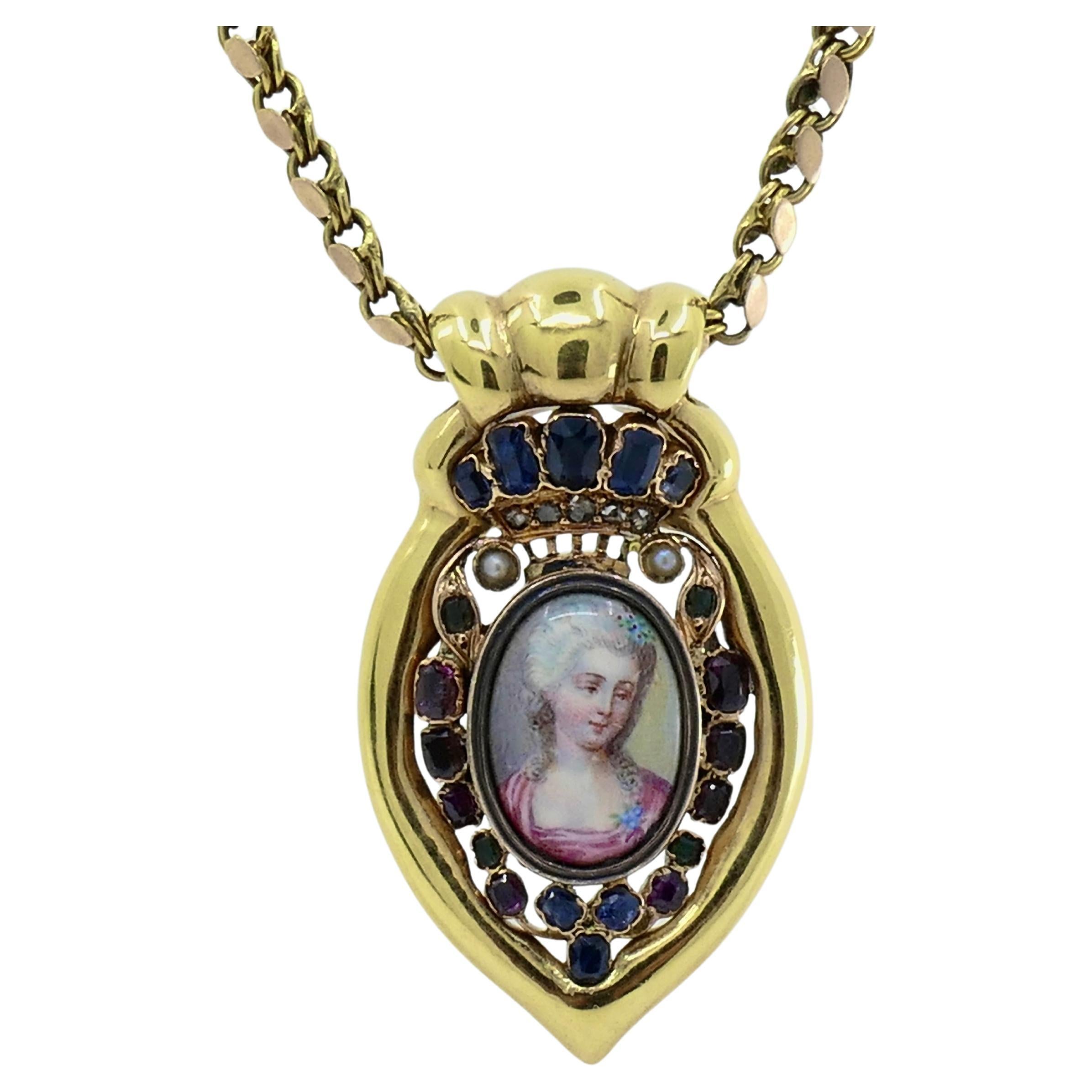 Colgante retrato antiguo en miniatura y collar de cadena de oro de 14k 8