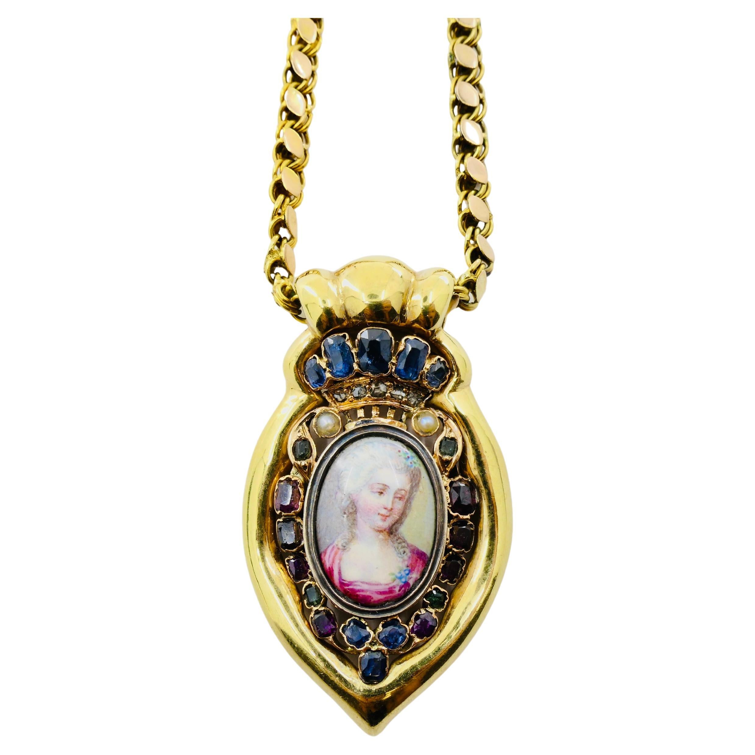 Colgante retrato antiguo en miniatura y collar de cadena de oro de 14k en Bueno Estado en Beverly Hills, CA