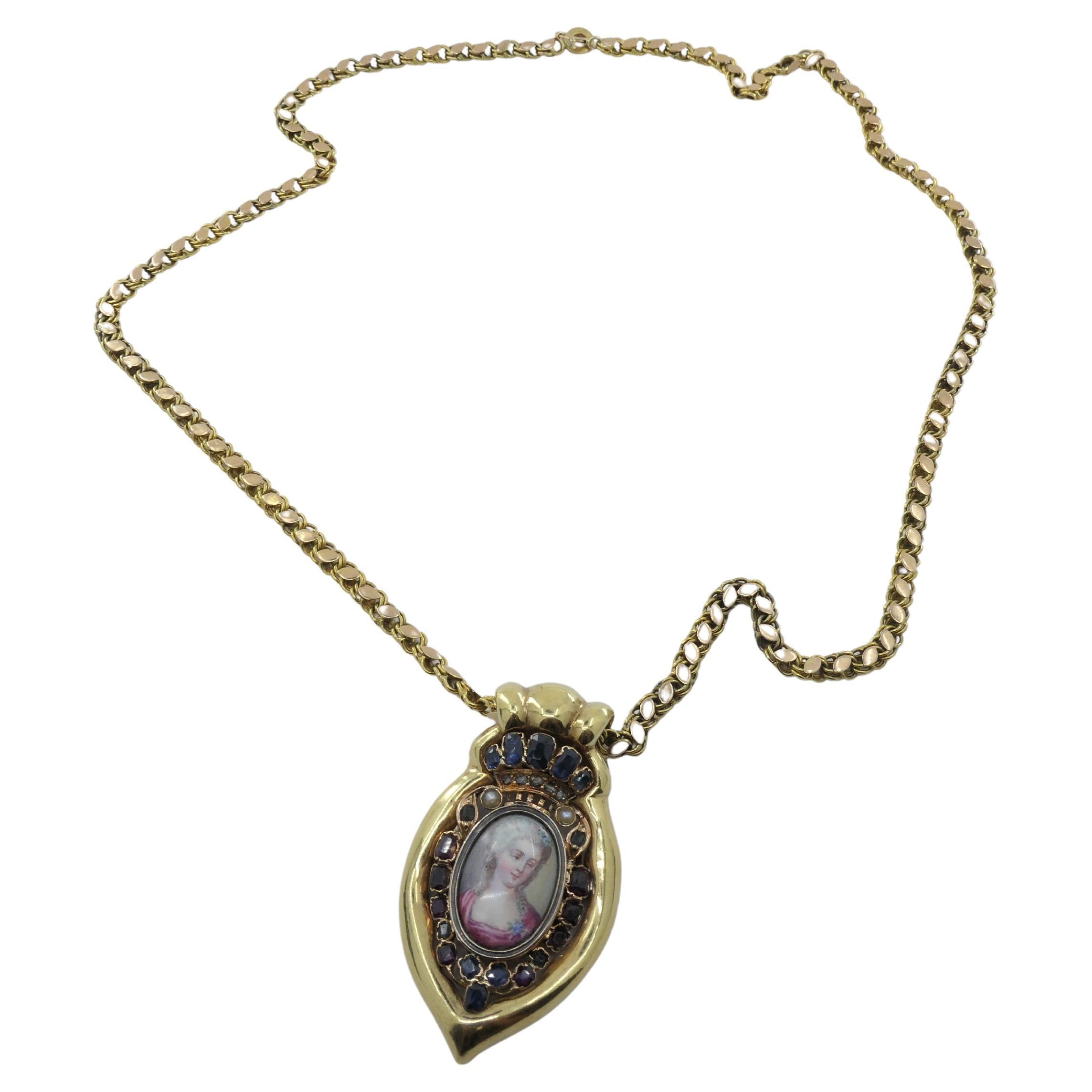 De las mujeres Colgante retrato antiguo en miniatura y collar de cadena de oro de 14k