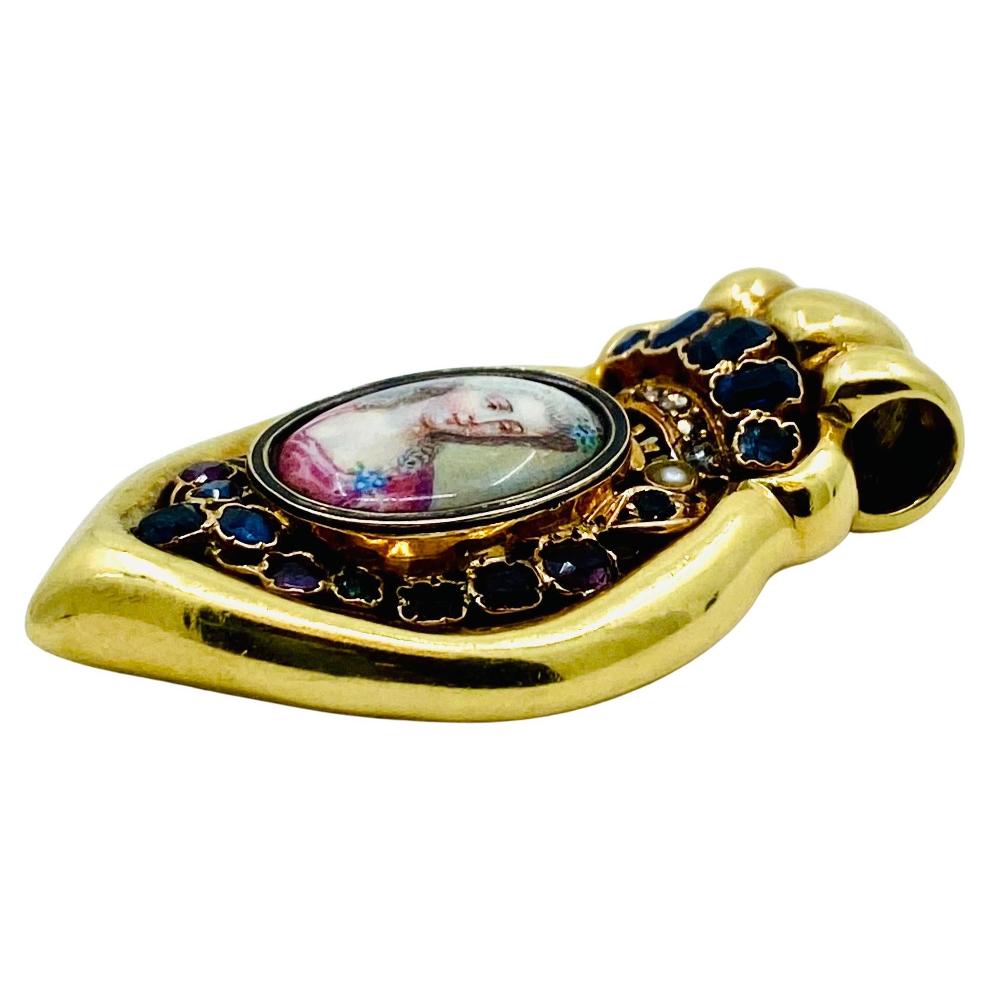 Colgante retrato antiguo en miniatura y collar de cadena de oro de 14k 1