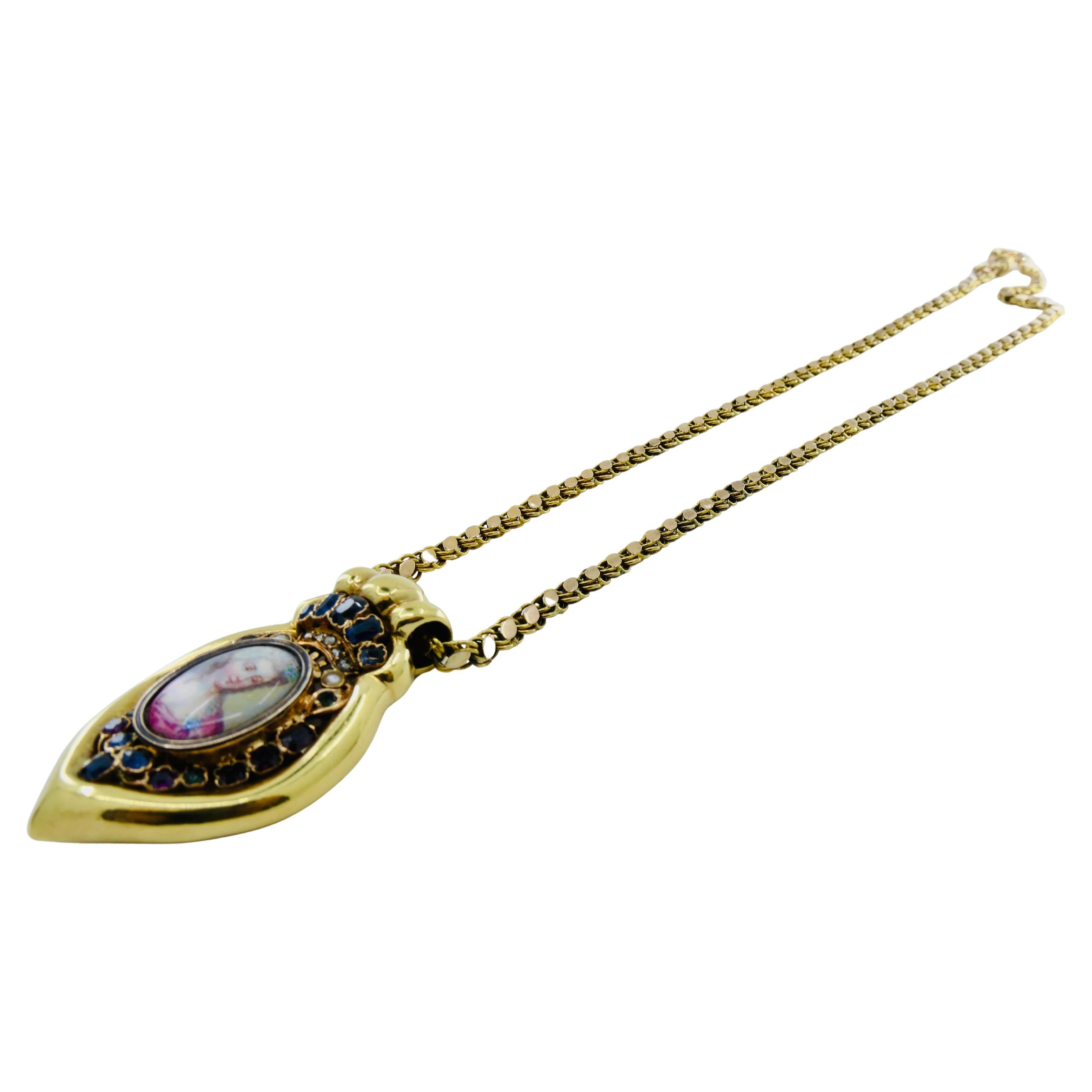Colgante retrato antiguo en miniatura y collar de cadena de oro de 14k 4