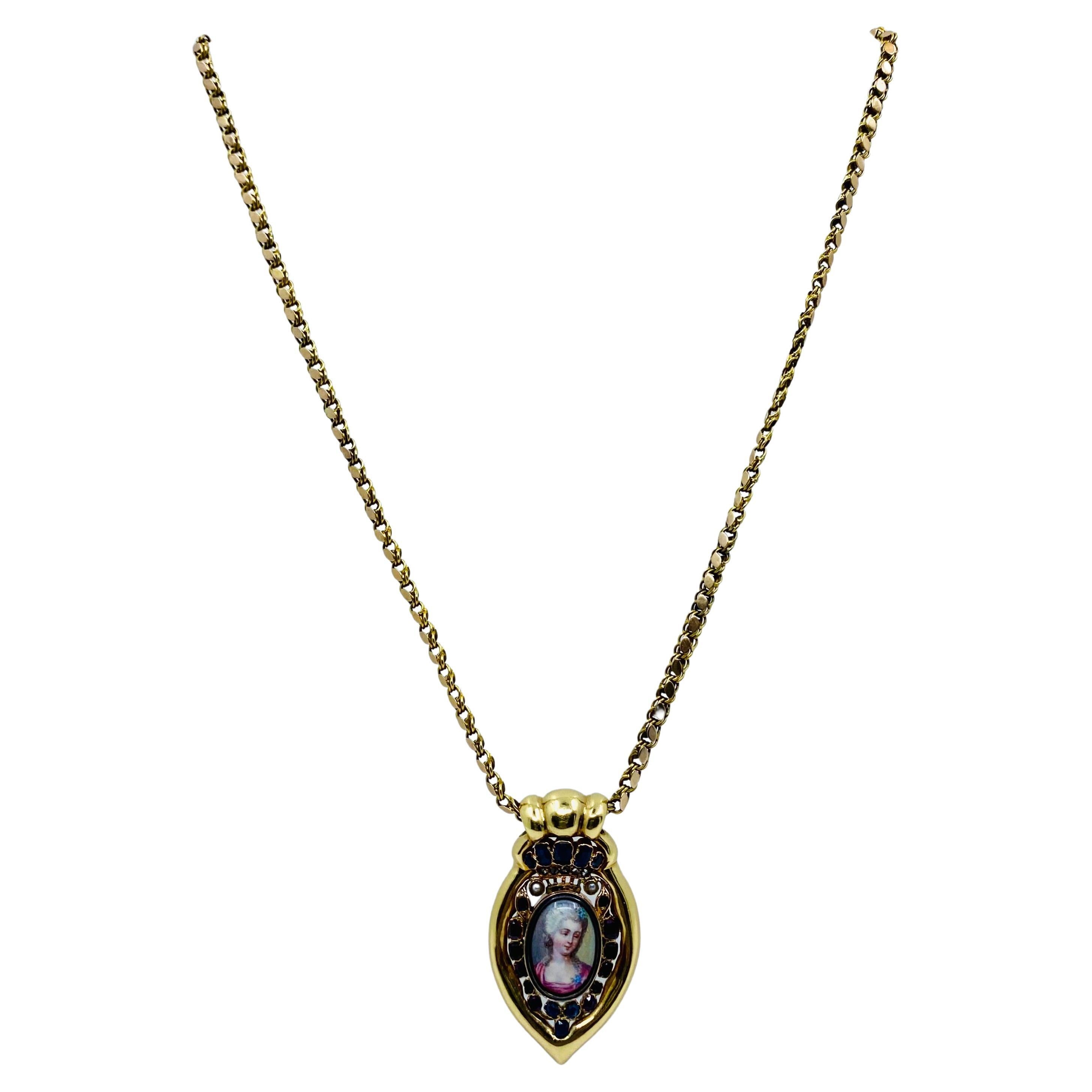 Colgante retrato antiguo en miniatura y collar de cadena de oro de 14k