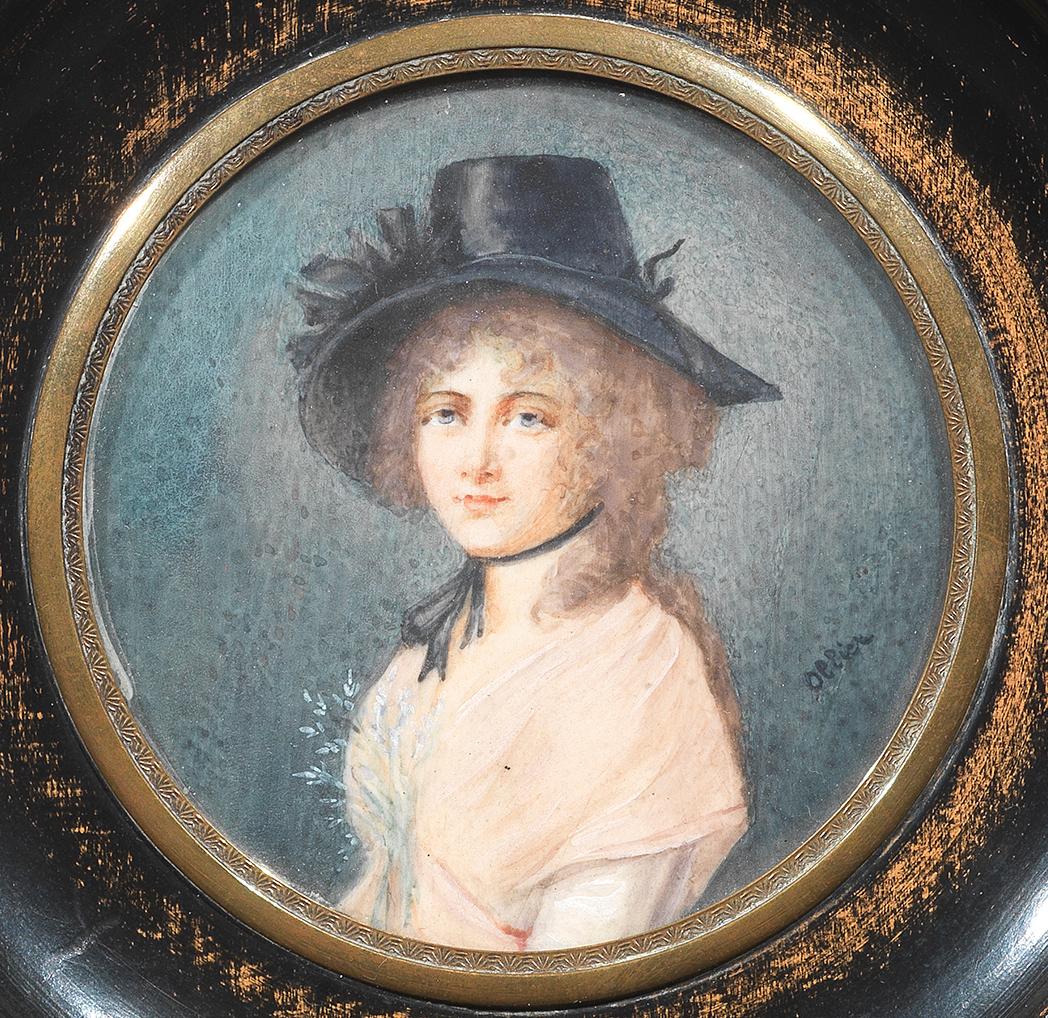 SHIPPING POLICY:
No additional costs will be added to this order.
Shipping costs will be totally covered by the seller (customs duties included). 

Enamel portrait of a lady with powdered hair wearing a black plumed hat within an ebonized wood