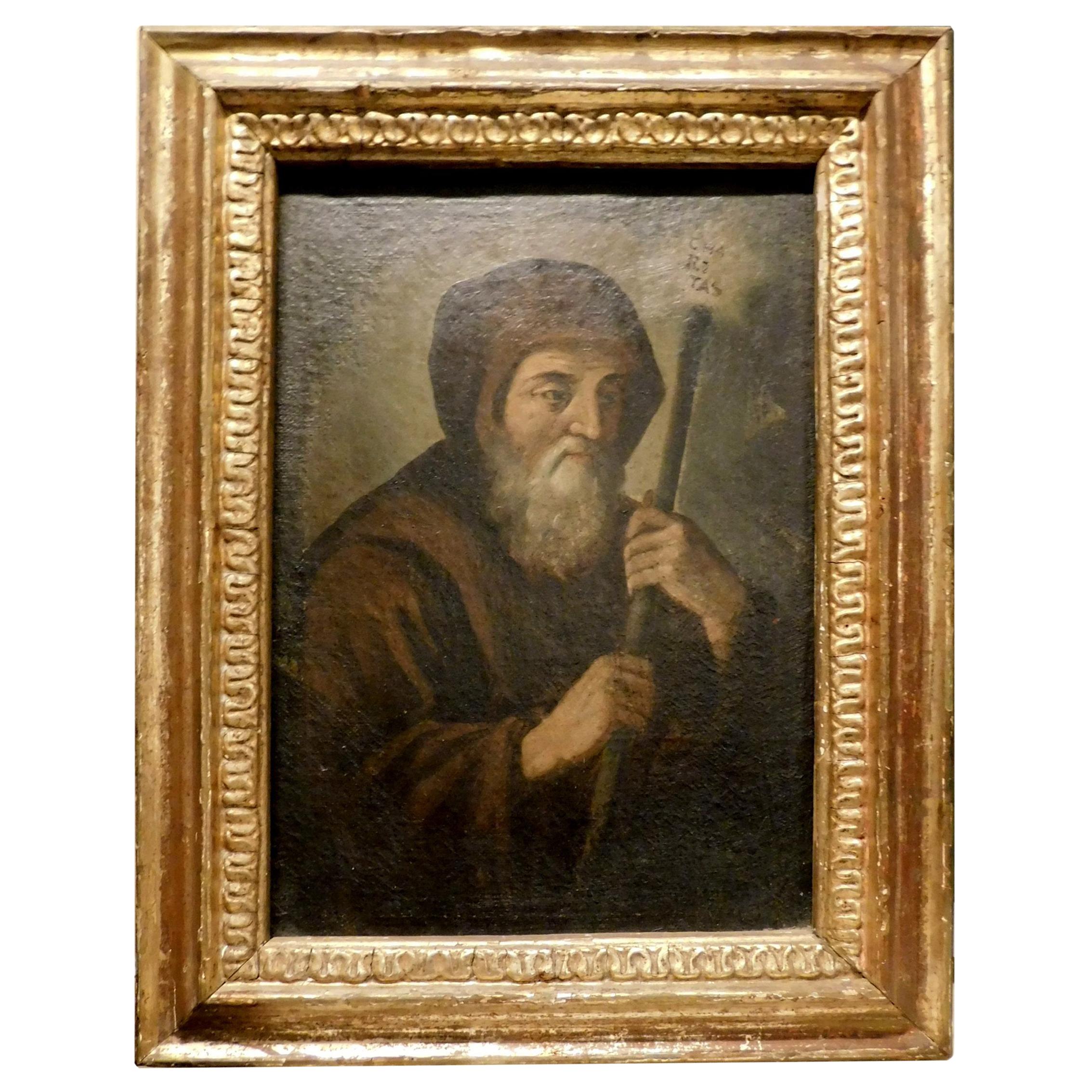 Antique Portrait of a Friar Oil Painted on Canvas, Gilded Frame, '700, Italy
