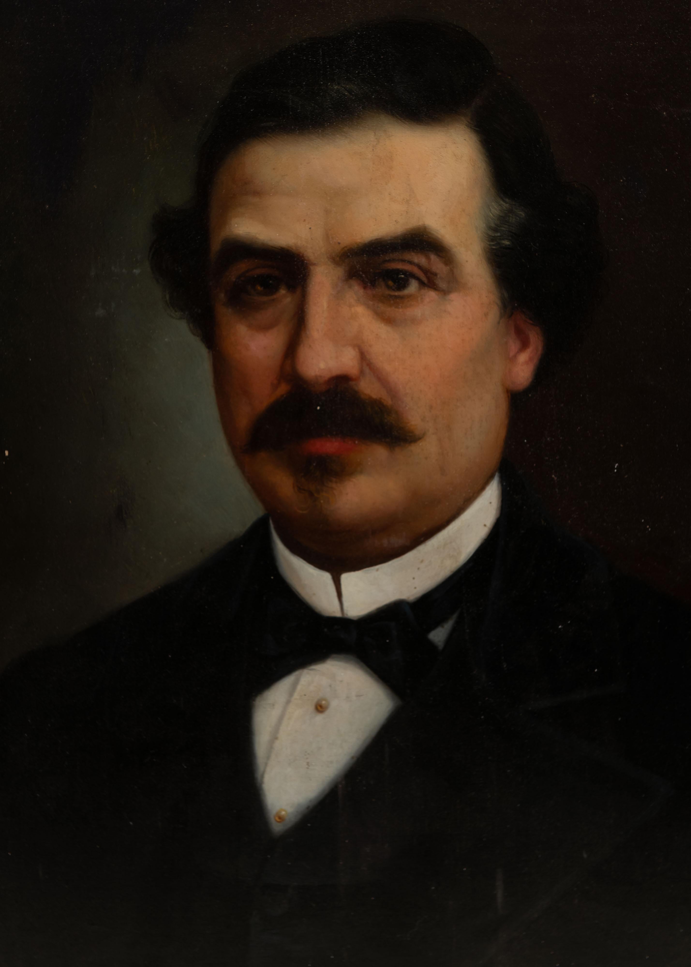 Nord-américain Portrait ancien d'un homme assis, huile sur toile, encadré, États-Unis, milieu du XIXe siècle en vente