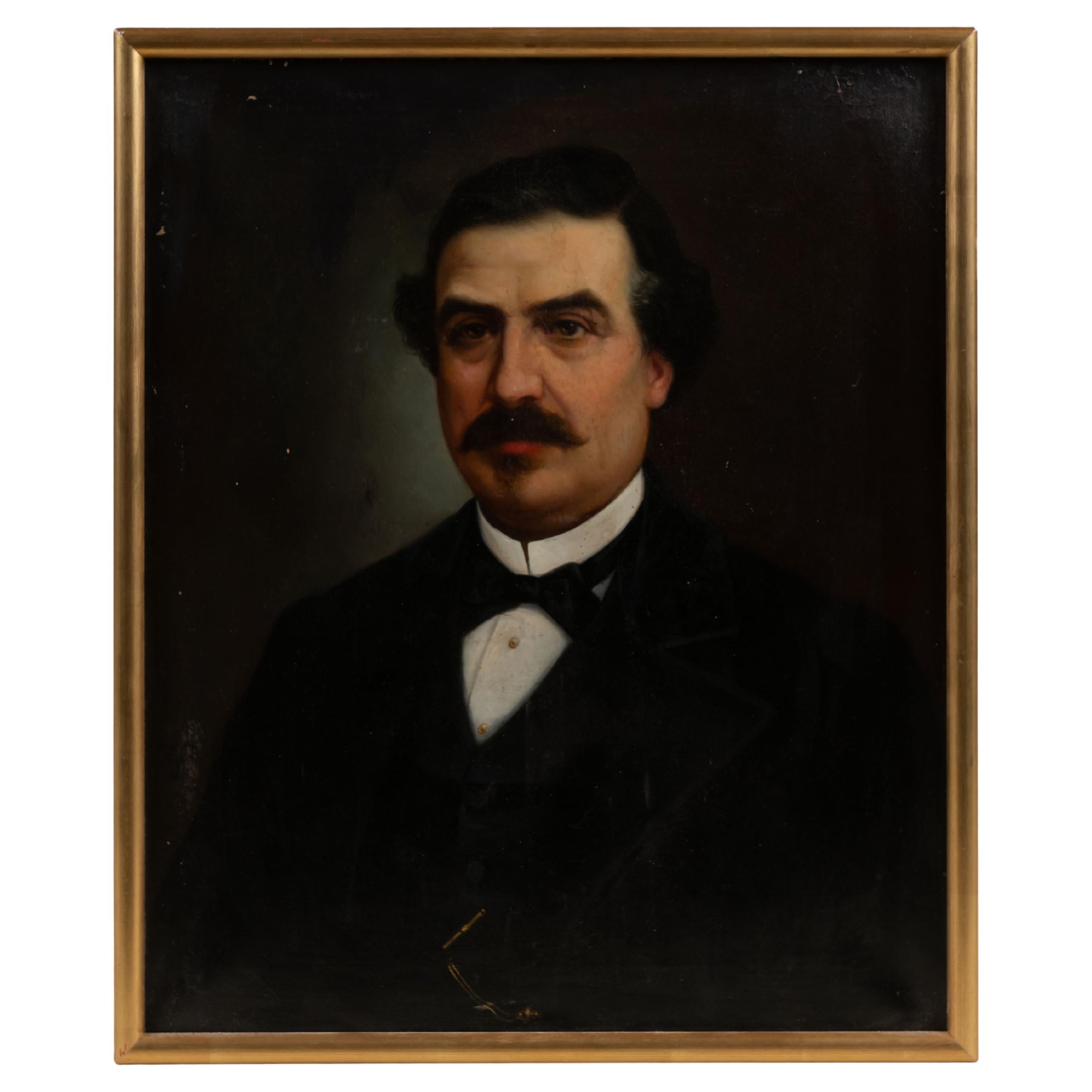Portrait ancien d'un homme assis, huile sur toile, encadré, États-Unis, milieu du XIXe siècle en vente