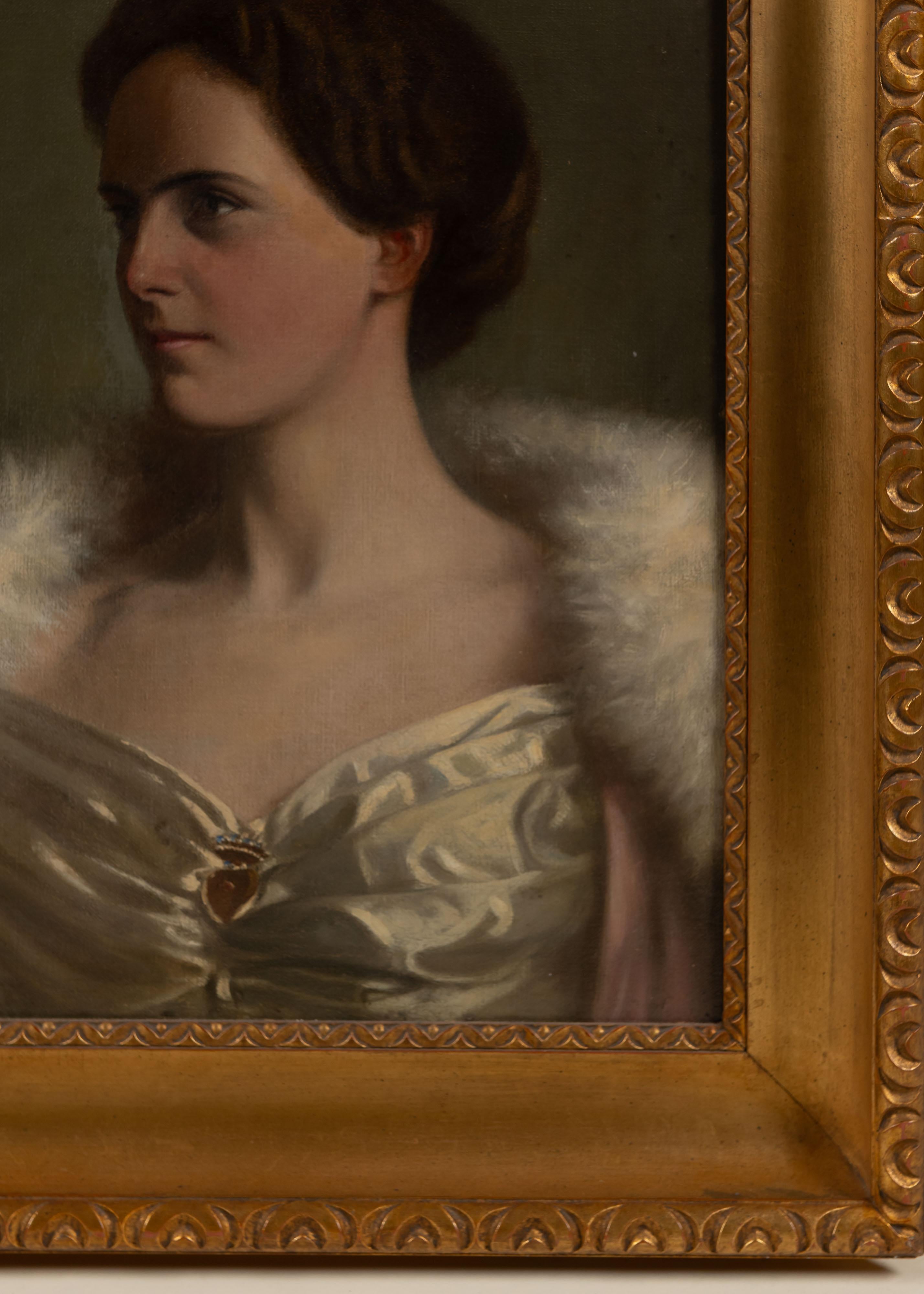 Édouardien Portrait ancien d'une femme, huile sur toile, cadre doré, fin du 19e siècle en vente