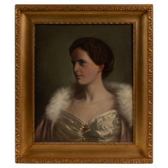 Portrait ancien d'une femme, huile sur toile, cadre doré, fin du 19e siècle