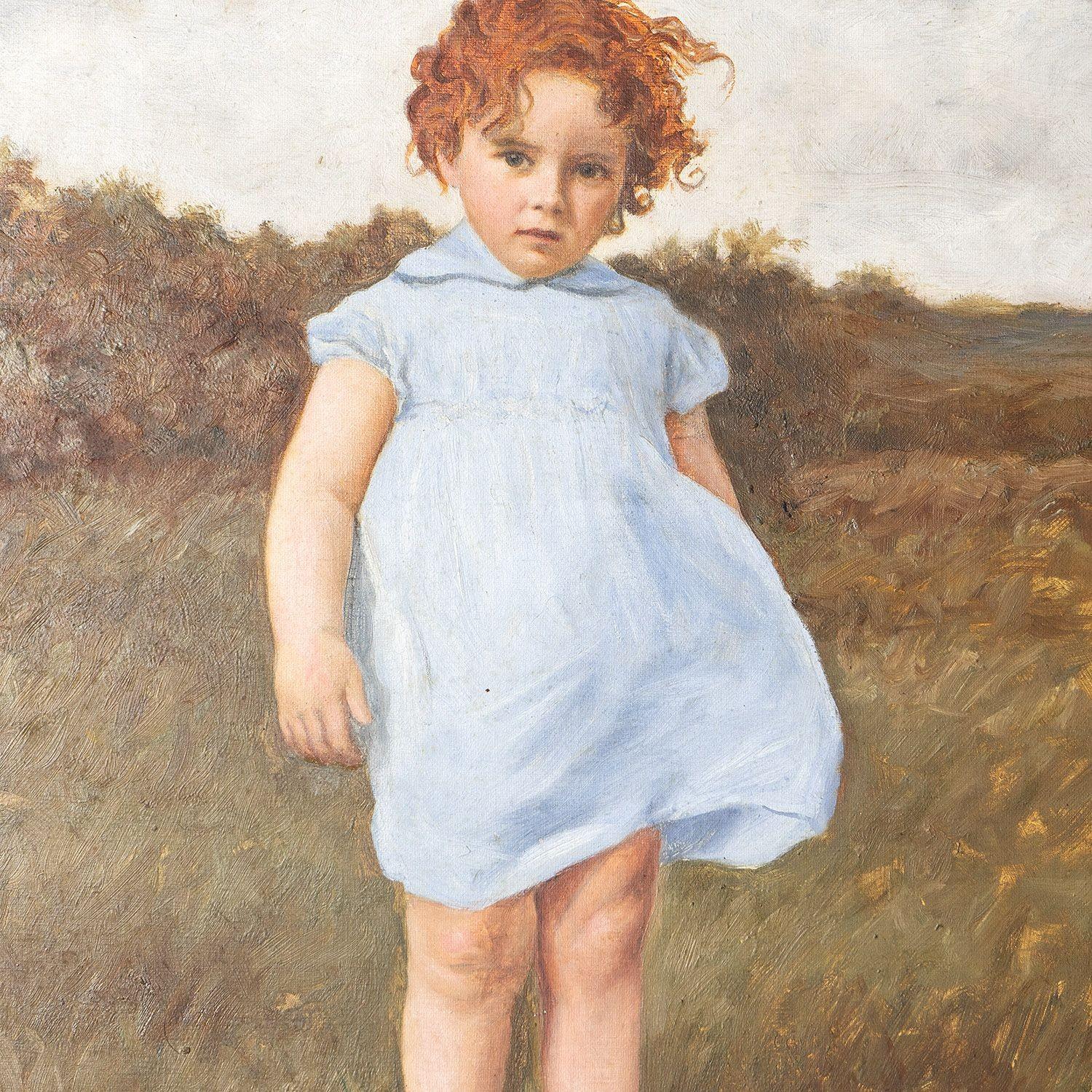 British Antique Portrait of a Young Girl, Oil on Canvas, Early 20th Century