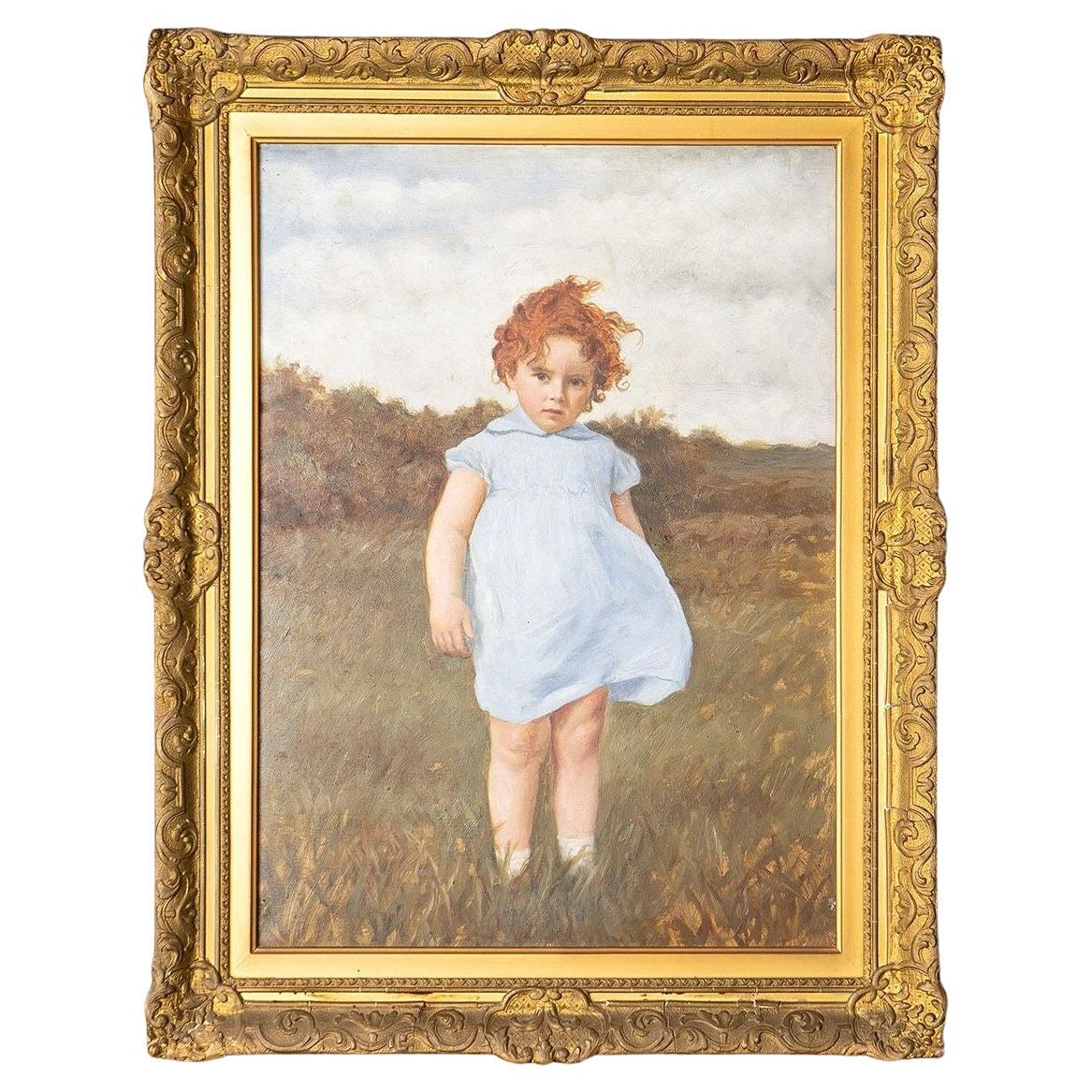 Antique Portrait of a Young Girl, Oil on Canvas, Early 20th Century