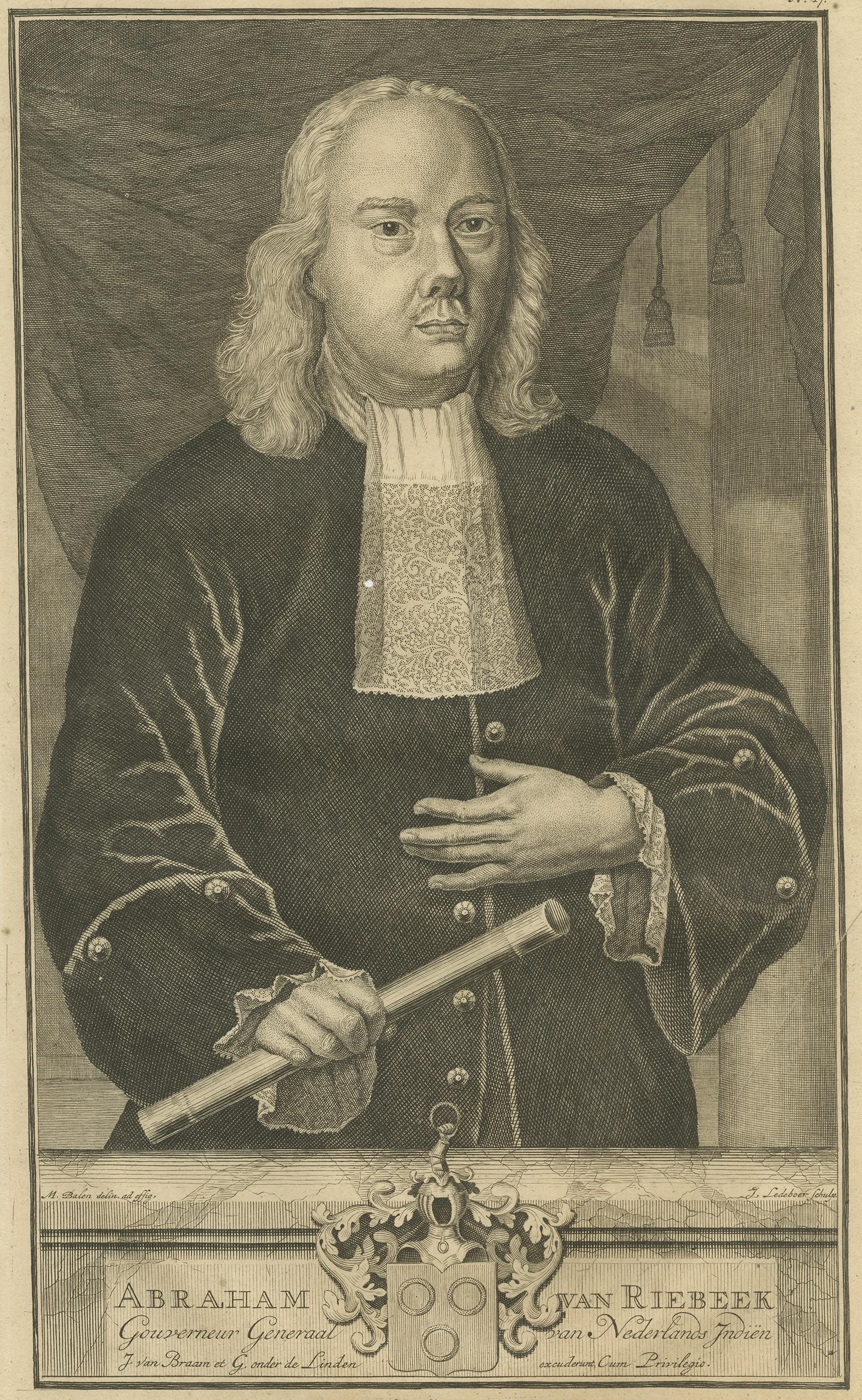 Antique Portrait of Abraham van Riebeeck by Valentijn, 1726 In Fair Condition In Langweer, NL