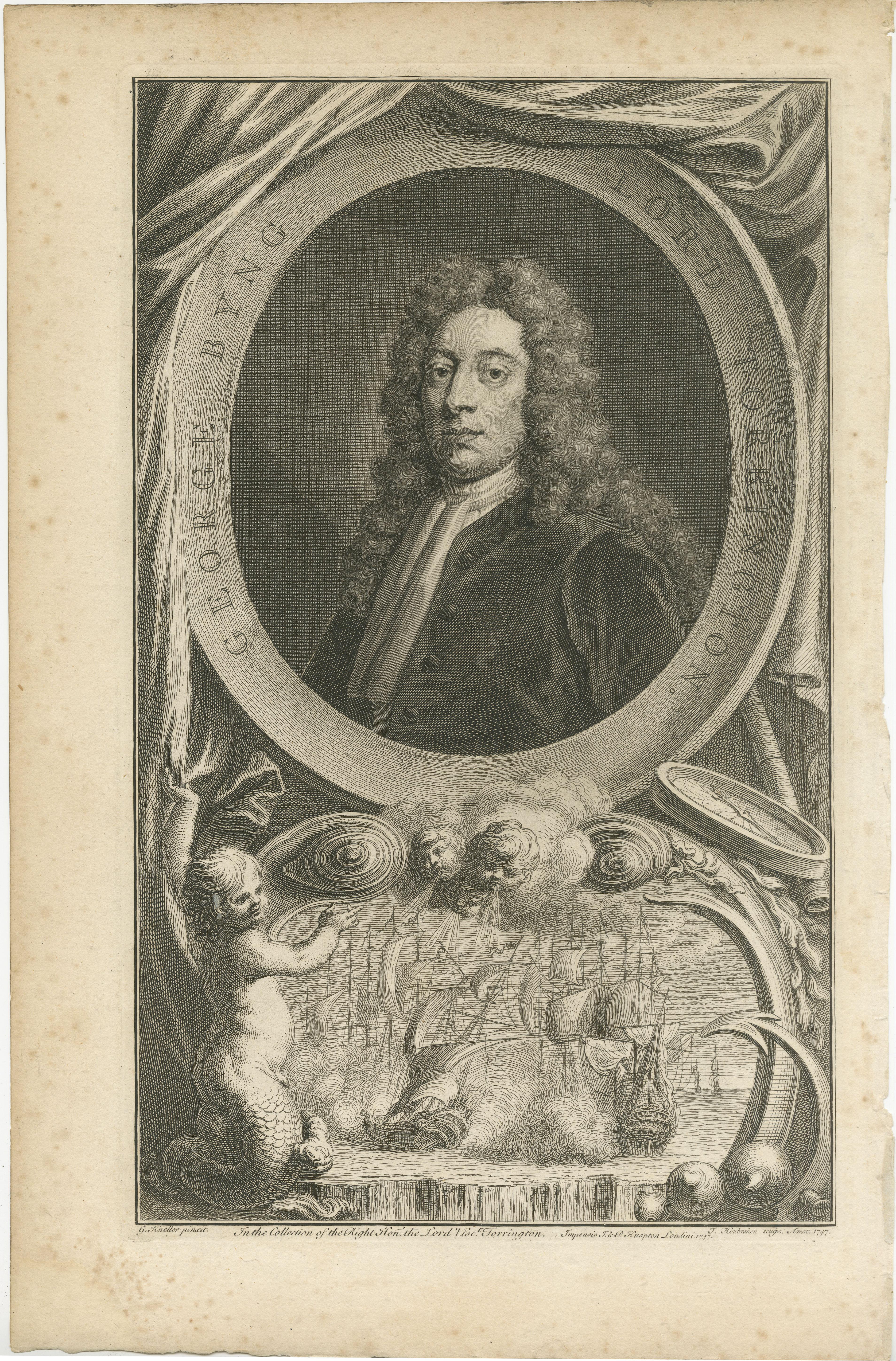 Antique portrait titled 'George Byng Lord Torrington'. Admiral of the Fleet George Byng, 1st Viscount Torrington, KB, PC (27 January 1663 – 17 January 1733), of Southill Park in Bedfordshire, was a Royal Navy officer and statesman. While still a