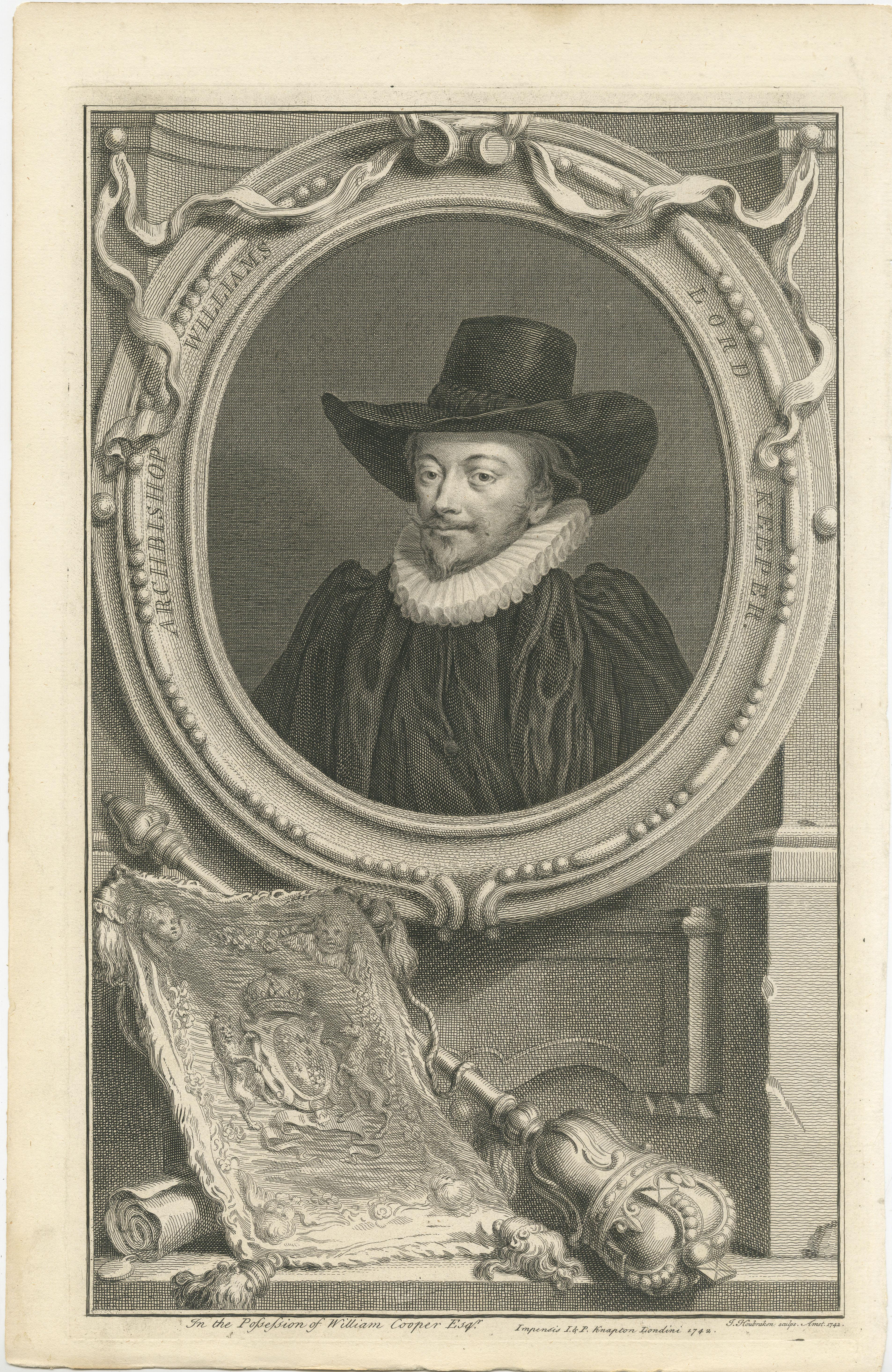 Antique portrait titled 'Archbishop Williams, Lord Keeper'. Old print of Archbishop Williams, Lord Keeper.

This print originates from Thomas Birch's 'The Heads of Illustrious Persons of Great Britain'. The portraits featured in the series, which