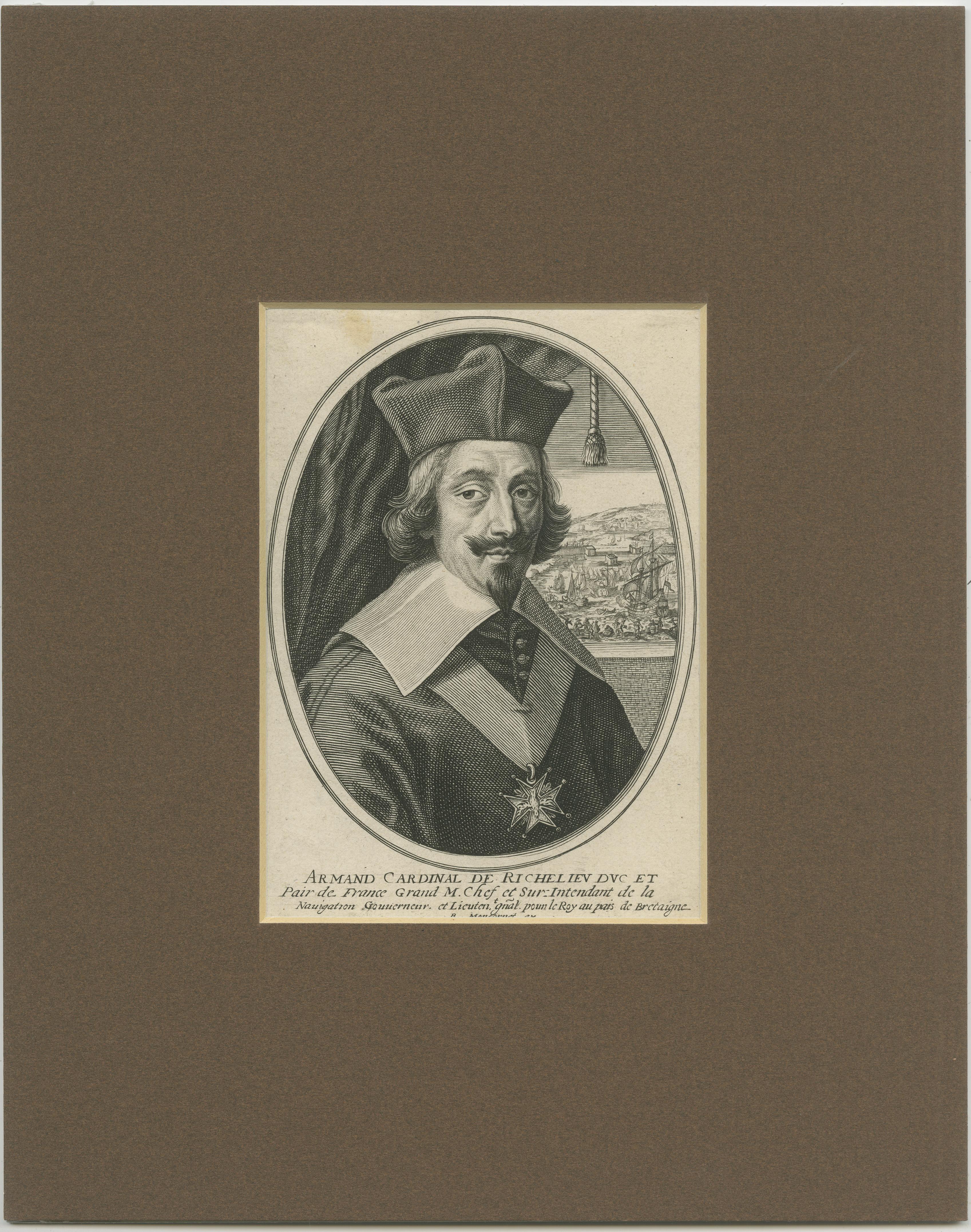 Antique print titled 'Armand Cardinal de Richelien (..)'. Portrait of Cardinal Richelieu, bust-length directed to right, wearing biretta, mozzetta, insignia of the order of the Holy Ghost; in the background, a curtain, and a naval battle; in
