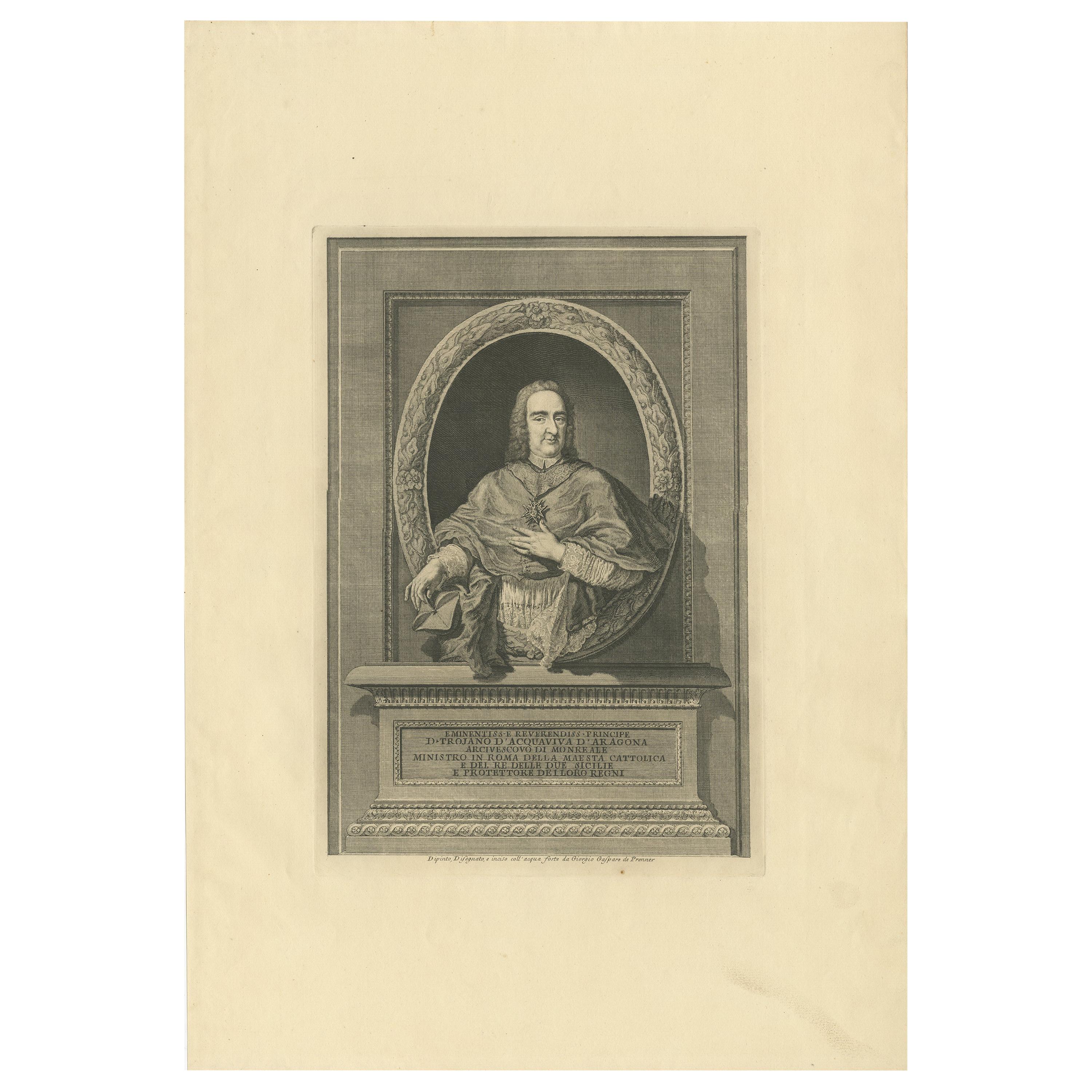 Antique Portrait of Cardinal Troiano Acquaviva d'Aragona by Von Prenner '1748'