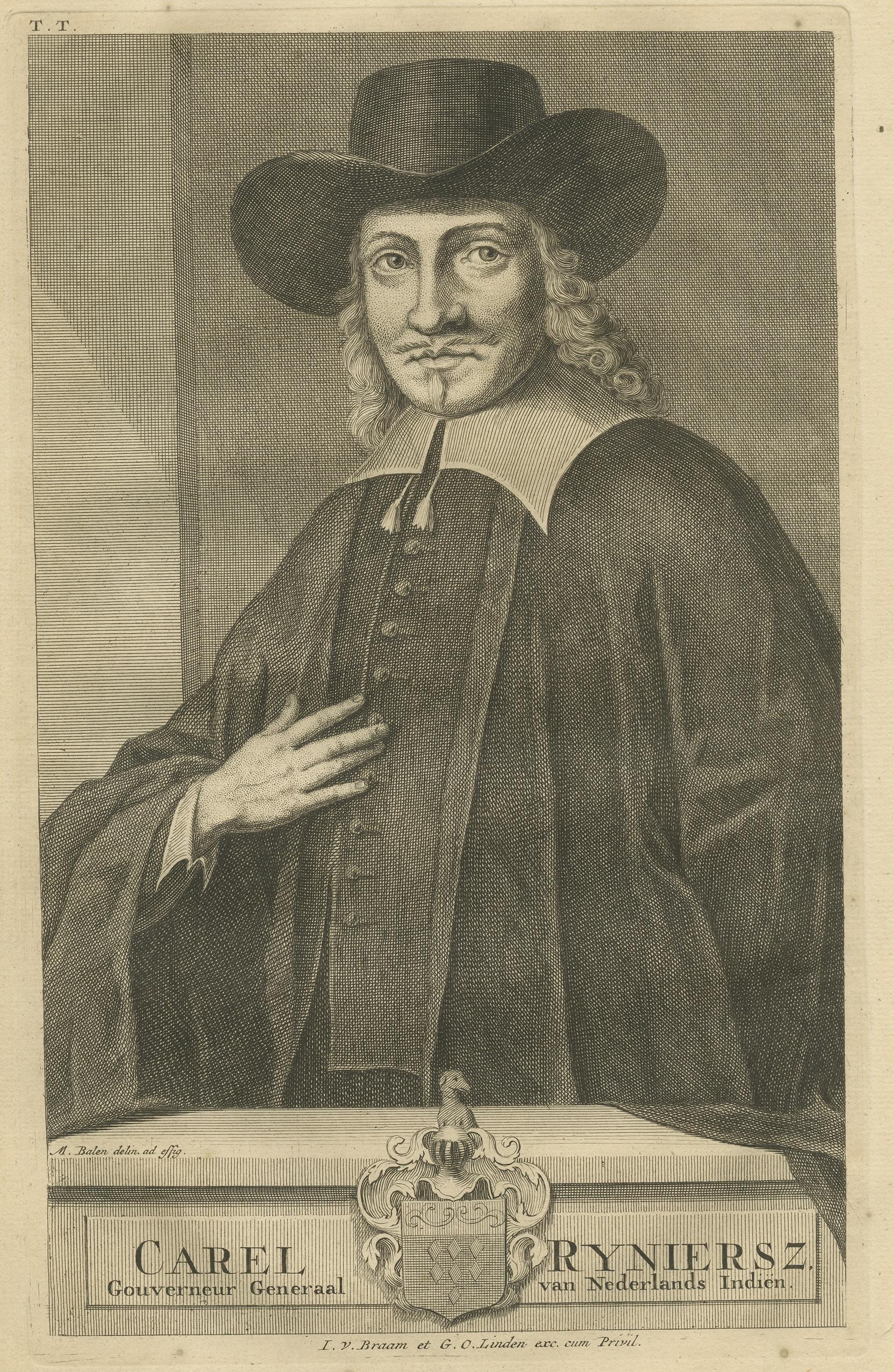 Antique portrait titled 'Carel Ryniersz, Gouverneur Generaal van Nederlands Indiën'. Old portrait of Carel Ryniersz, Governor-General of the Dutch East Indies from 1650 until 1653. This print originates from 'Oud en Nieuw Oost-Indiën' by F.