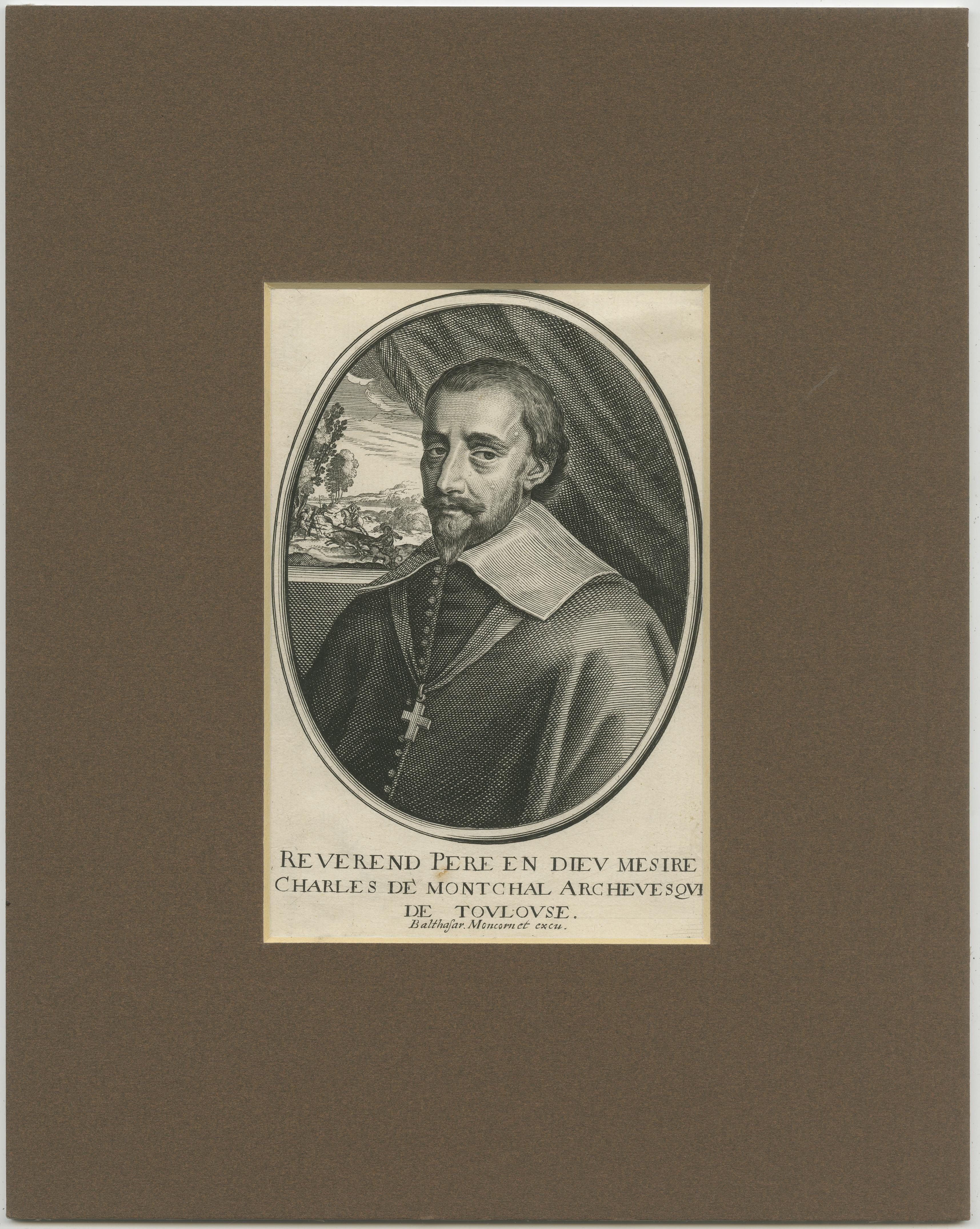 Antique print titled 'Reverend Pere en Dieu Mesire (..)'. Portrait of Charles de Montchal, Archbishop of Toulouse, half-length, directed to left and looking to front, with broad, plain collar, cross and mozzetta; a boar hunt in the background; in