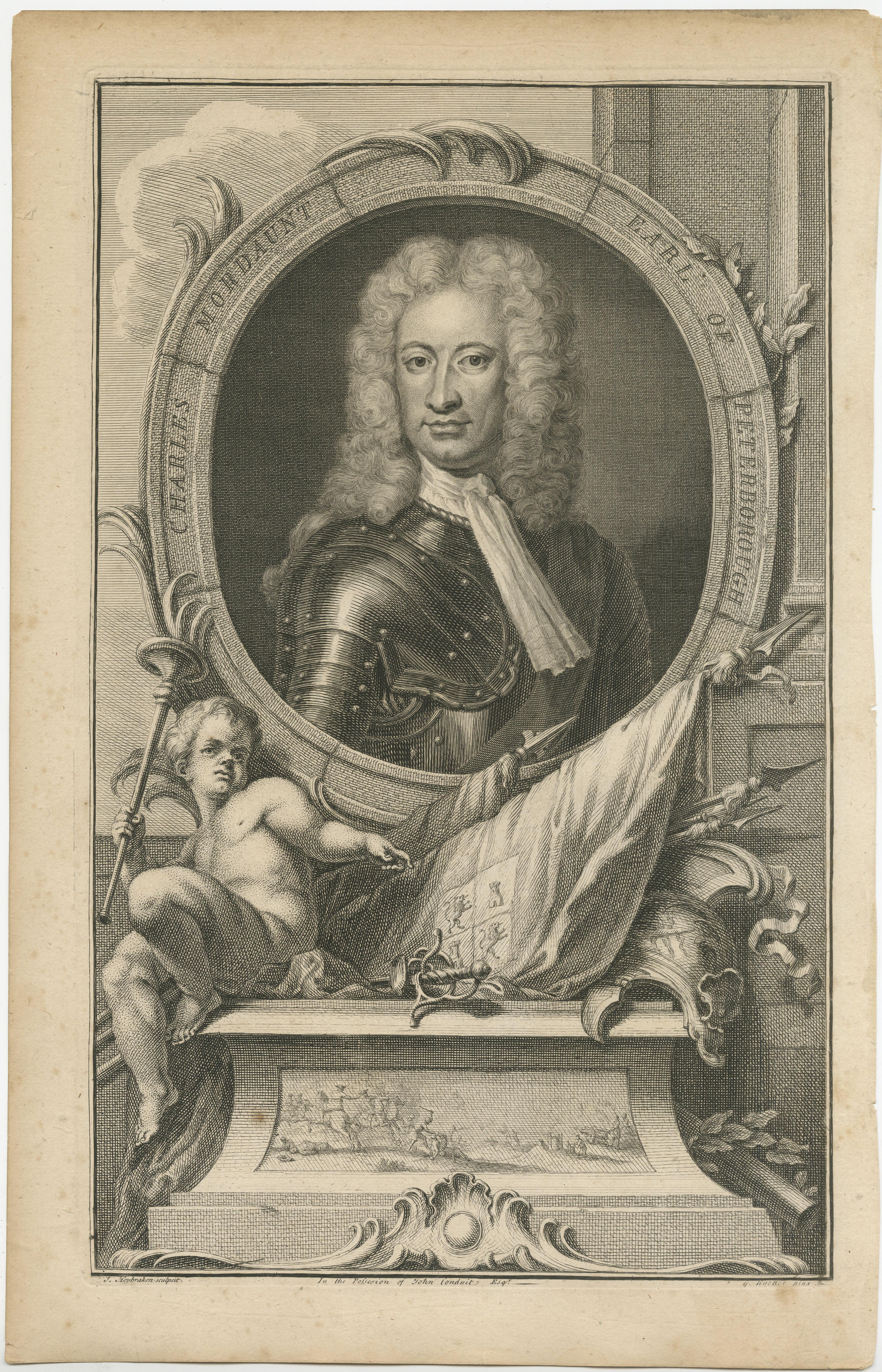 Antique portrait titled 'Charles Mordaunt Earl of Peterborough'. Charles Mordaunt, 3rd Earl of Peterborough and 1st Earl of Monmouth, KG, PC (1658 – 25 October 1735) was an English nobleman and military leader. He was the son of John Mordaunt, 1st
