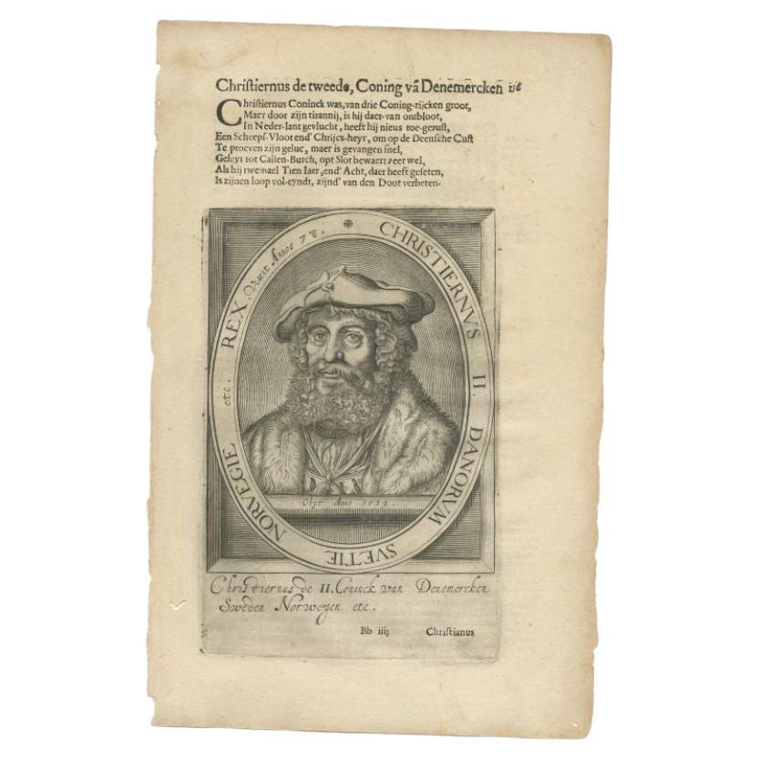 Antique Portrait of Christian II of Denmark by Janszoon, 1615 For Sale