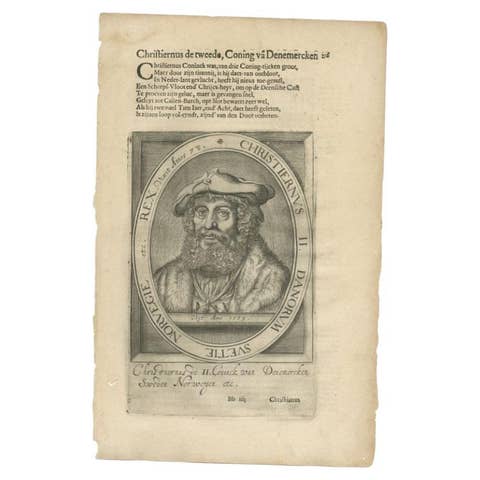 Antique Portrait of Christian II of Denmark by Janszoon, 1615