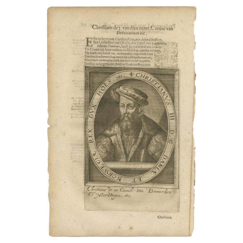 Antique Portrait of Christian III of Denmark by Janszoon, 1615 For Sale