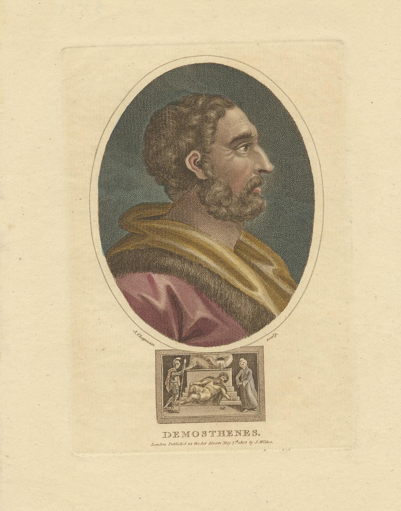 Antique print titled 'Demosthenes'. Portrait of Demosthenes, bust-length in profile to right, in an oval, with a rectangular scene below showing the suicide of Demosthenes. One of a number of stipple heads of Kings and Queens published by J. Wilkes.