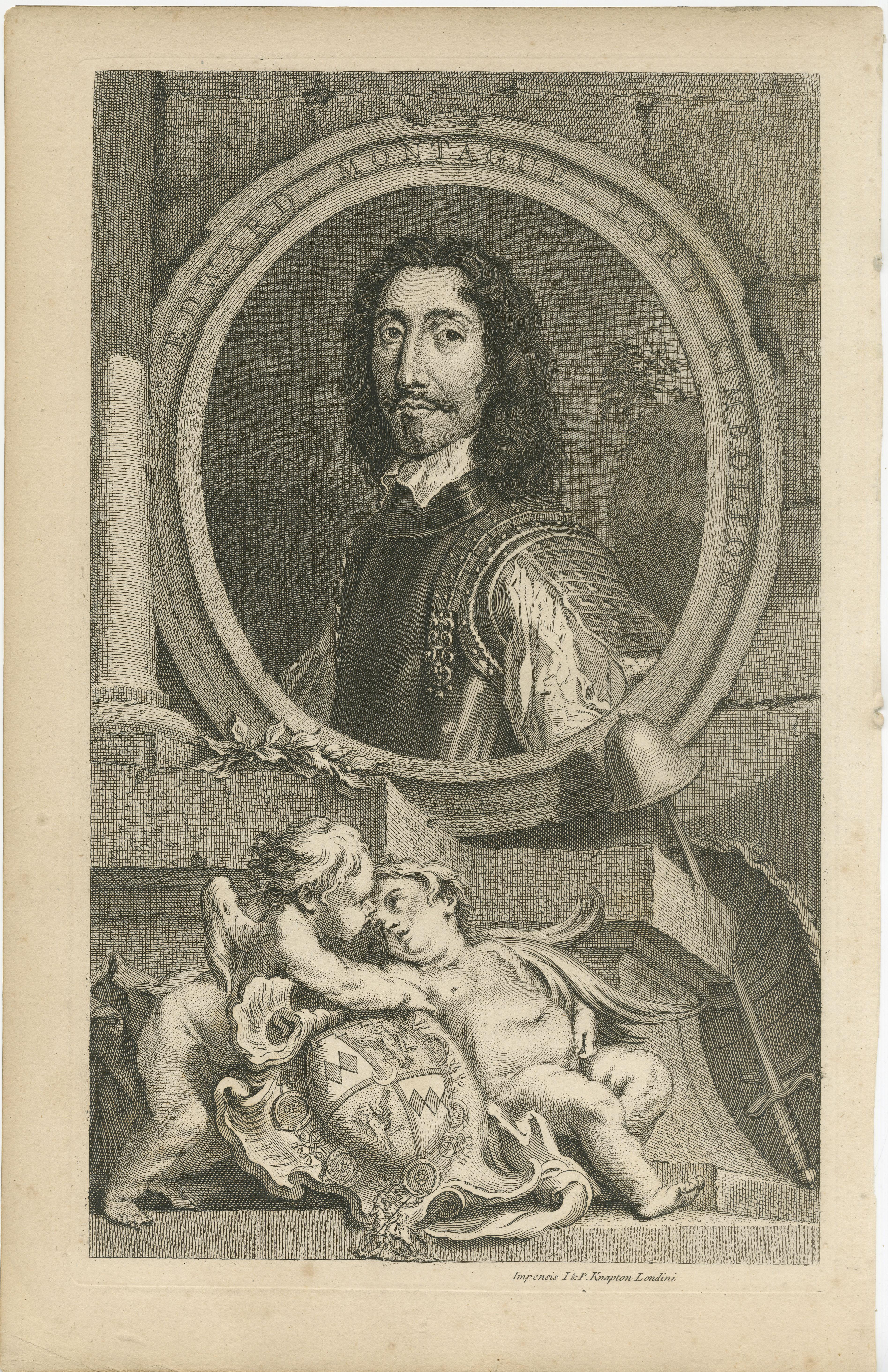 Antique portrait titled 'Edward Montague Lord Kimbolton'. Edward Montagu, 2nd Earl of Manchester, KG, KB, FRS (1602 – 5 May 1671) was an important commander of Parliamentary forces in the First English Civil War, and for a time Oliver Cromwell's