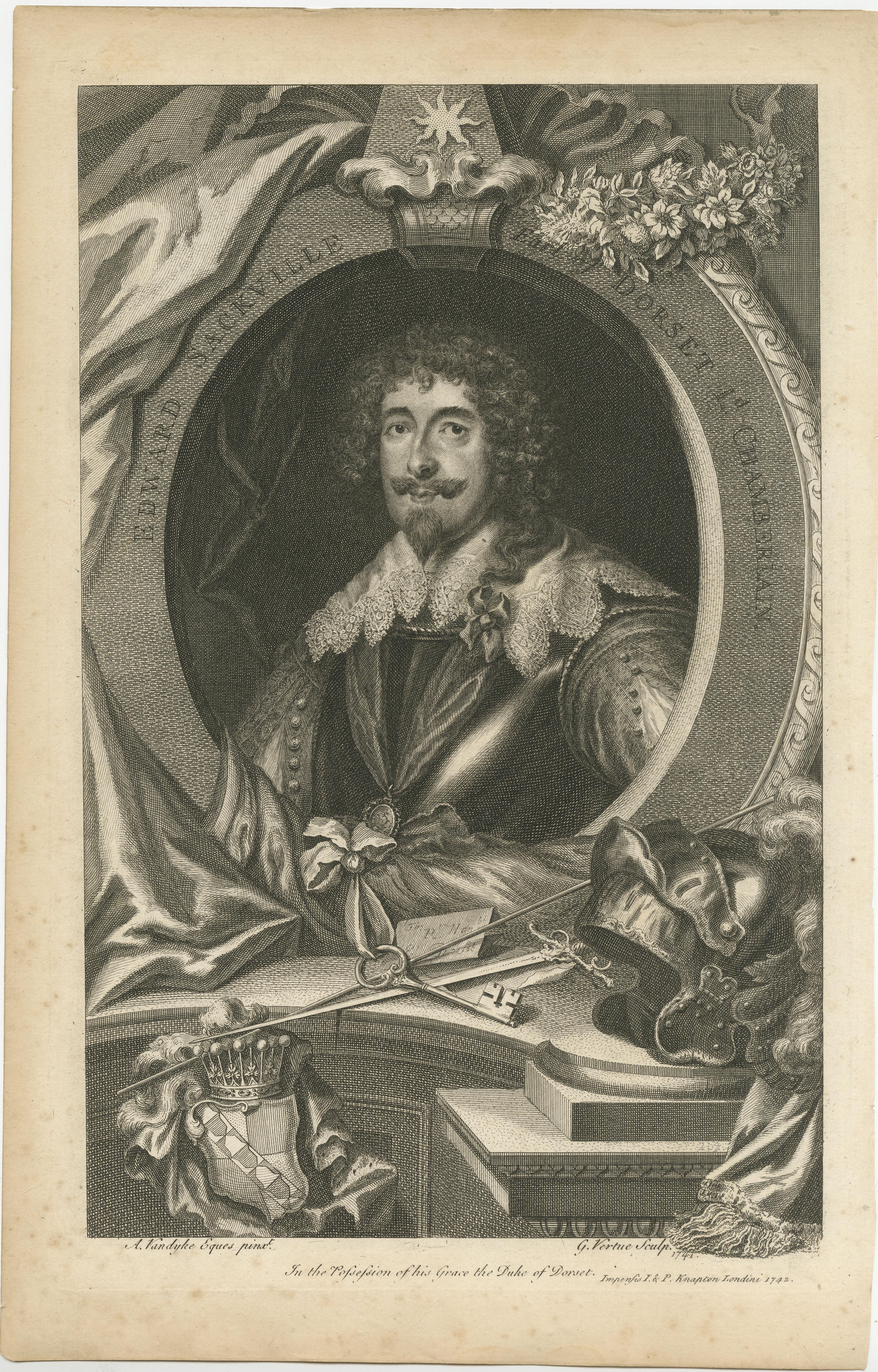 Antique portrait titled 'Edward Sackville Earl of Dorset Lord Chamberlain'. Edward Sackville, 4th Earl of Dorset KG (1591 – 17 July 1652) was an English courtier, soldier and politician. He sat in the House of Commons from 1621 to 1622 and became