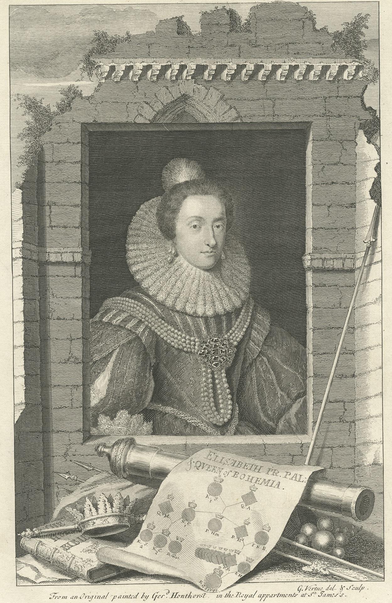 Antique print titled 'Elisabeth Pr. Pal: Queen of Bohemia'. Elizabeth, Queen of Bohemia, 1596-1662. Daughter of James VI and I. Engraved by G. Vertue.