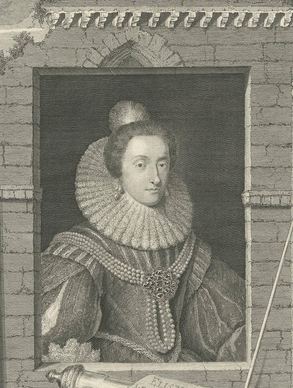 Antique Portrait of Elizabeth, Queen of Bohemia, by G. Vertue, circa 1750