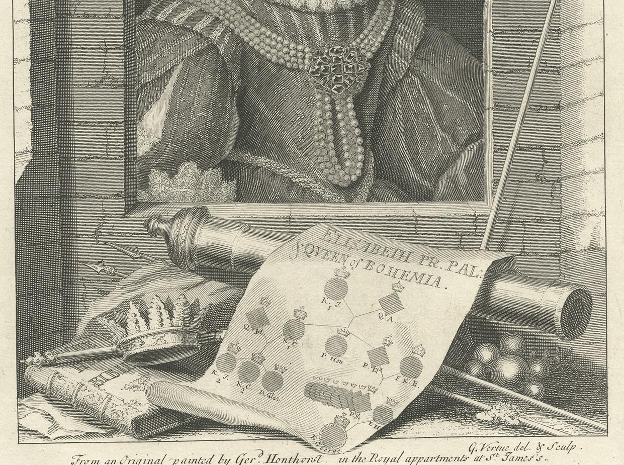 Gravé Portrait ancien d'Elizabeth, reine de Bohème, par G. Vertue, datant d'environ 1750 en vente