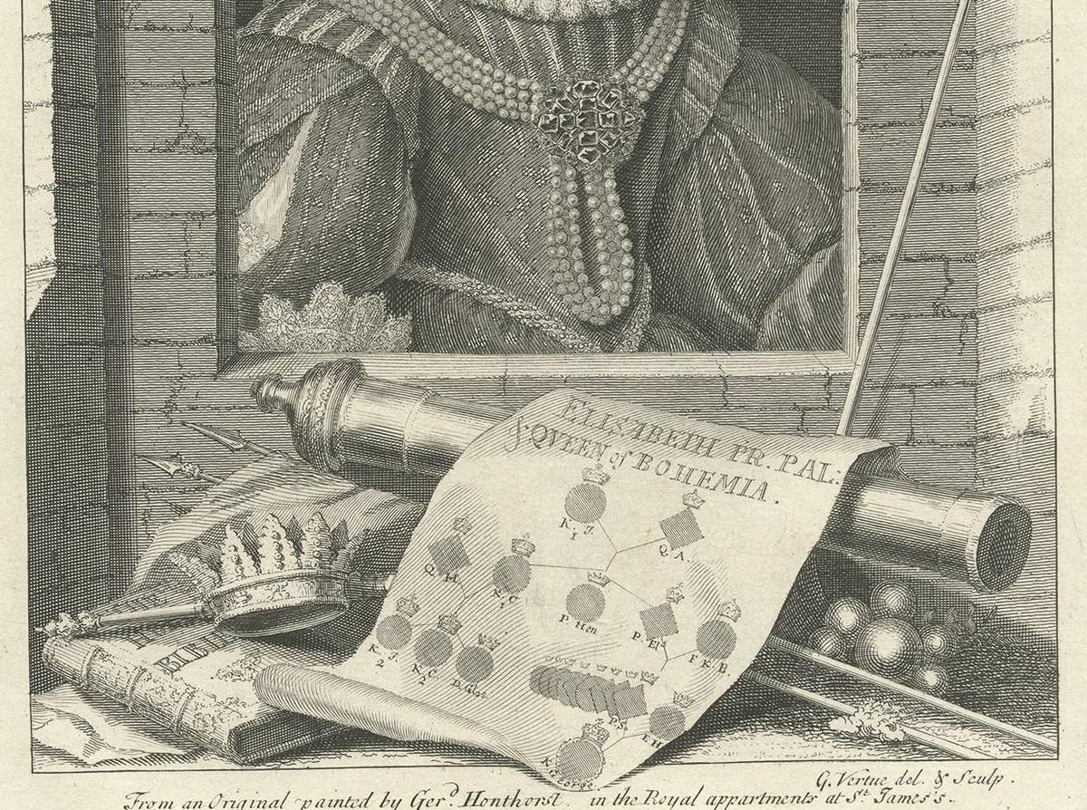 Antique Portrait of Elizabeth, Queen of Bohemia, by G. Vertue, circa 1750